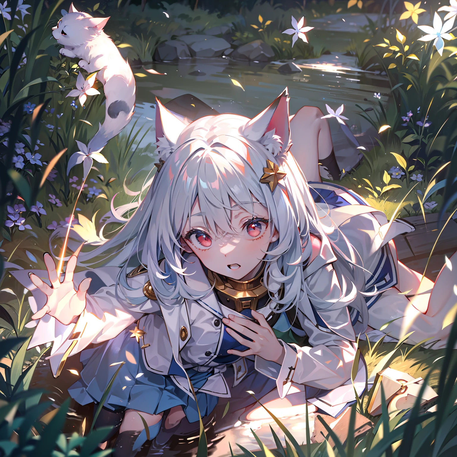 the night, White-haired cat-eared girl, Light blue skirt, Red eyes, grassy fields, small stream, Look up at the stars, Place one hand on your forehead, A river of stars, hyper HD, Award-Awarded, Chiaroscuro, Cinematic lighting, Glowing light, From below, Atmospheric perspective, Masterpiece, High details, Textured skin, 8K, Best quality,Look up at the perspective,Sense of distance。
