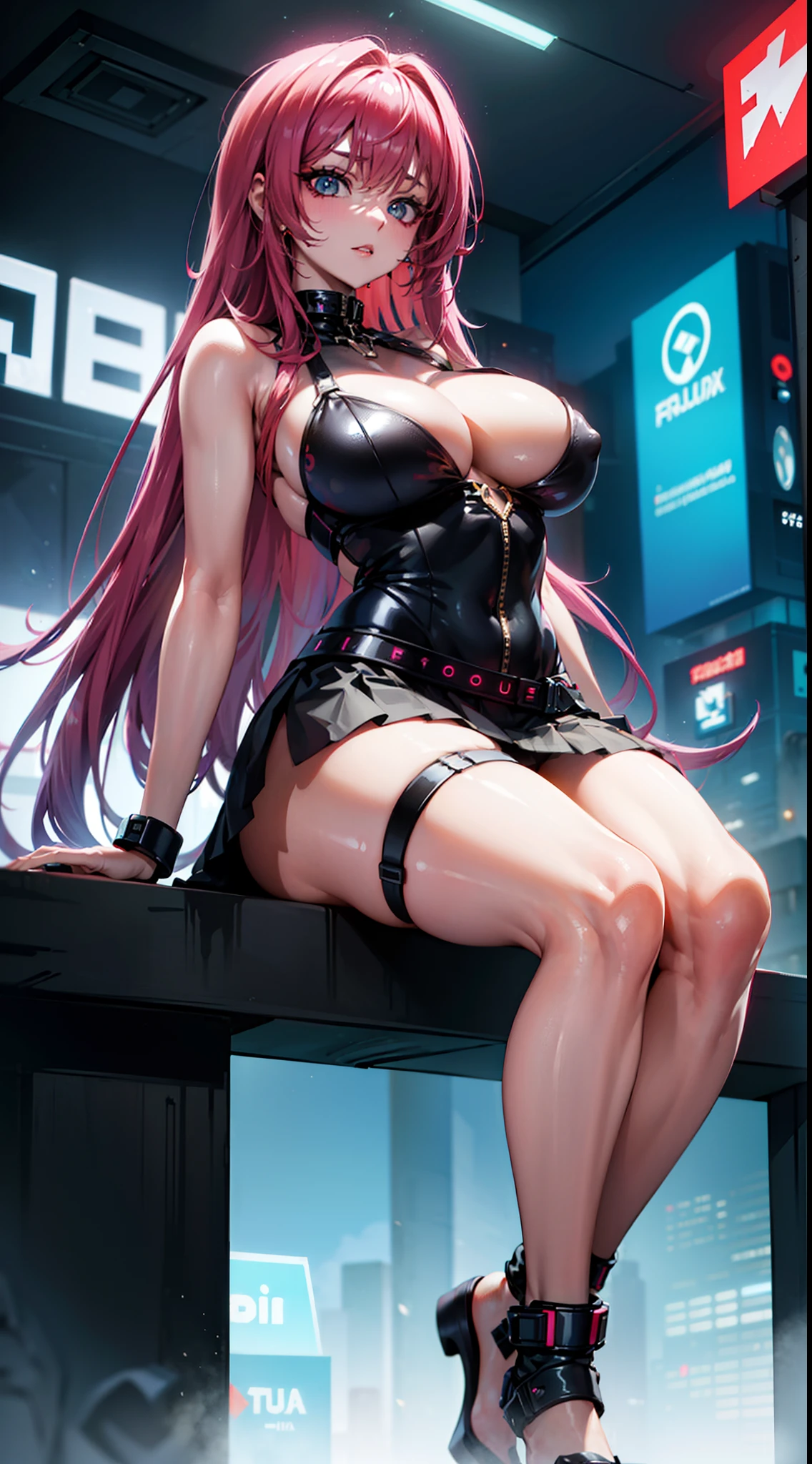 alta resolução, obra-prima, melhor qualidade, uma mulher, rebecca, sitting, roupa futurista, skirt, estilo cyberpunk neon, ao fundo cidade cyberpunk a noite, pele finamente detalhada, seios enormes, pernas muito musculosas