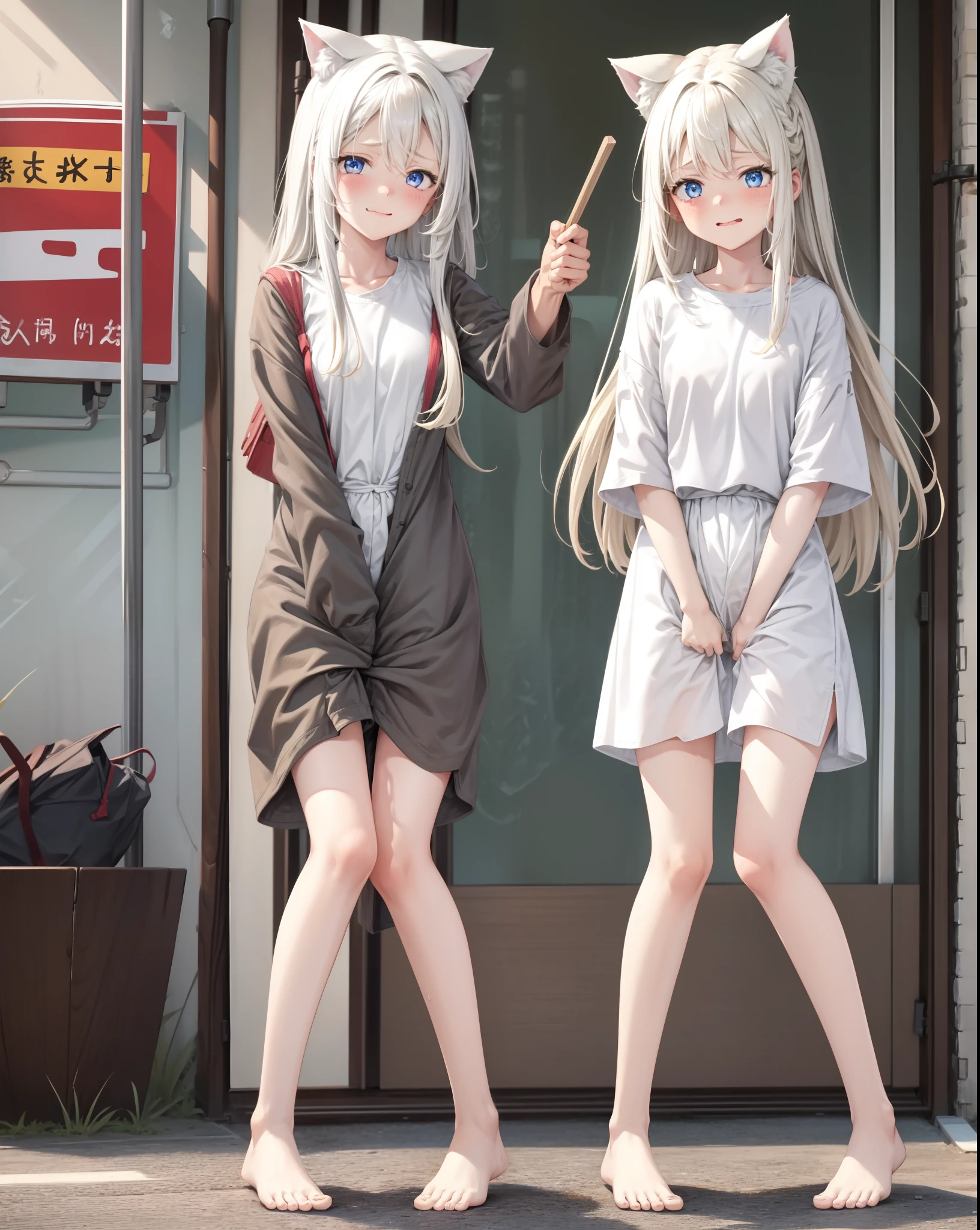 realisticlying,1girll,Full body photo of the girl,rut,Long white hair,cat ear,Jewel-colored eyes,Starry eyes,The lips are separated from the white teeth,The girl foamed at the mouth and spat out,Full-body convulsions,with a good figure,Slim waist,Shy movements,exhale,Shy,The girl's legs were apart,Leaning back,Keep your hands on the ground,Stick out her tongue,Spray white liquid,Sweat was soaked from the body,There is only a transparent white bra and transparent white thongs on the body,Ragged white panties,There is a faint blush on the face, Big chest,The chest is very white,The belly is also very white,Barefoot,Cute little face,Sapphire eyes, looking at viewert