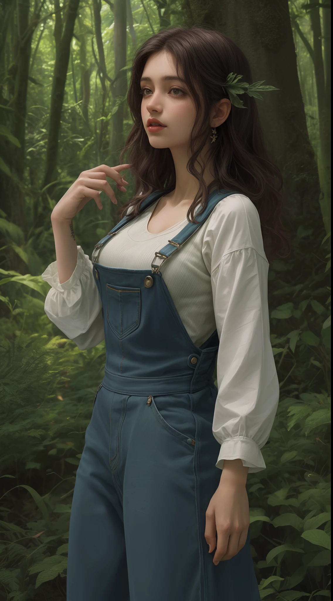 1 garota fada de perfil ,Angle of Close,morena cabelo curto cacheado, Sexy overalls clothing,seios grandes , forest background various fairies ,8K Ultra realista