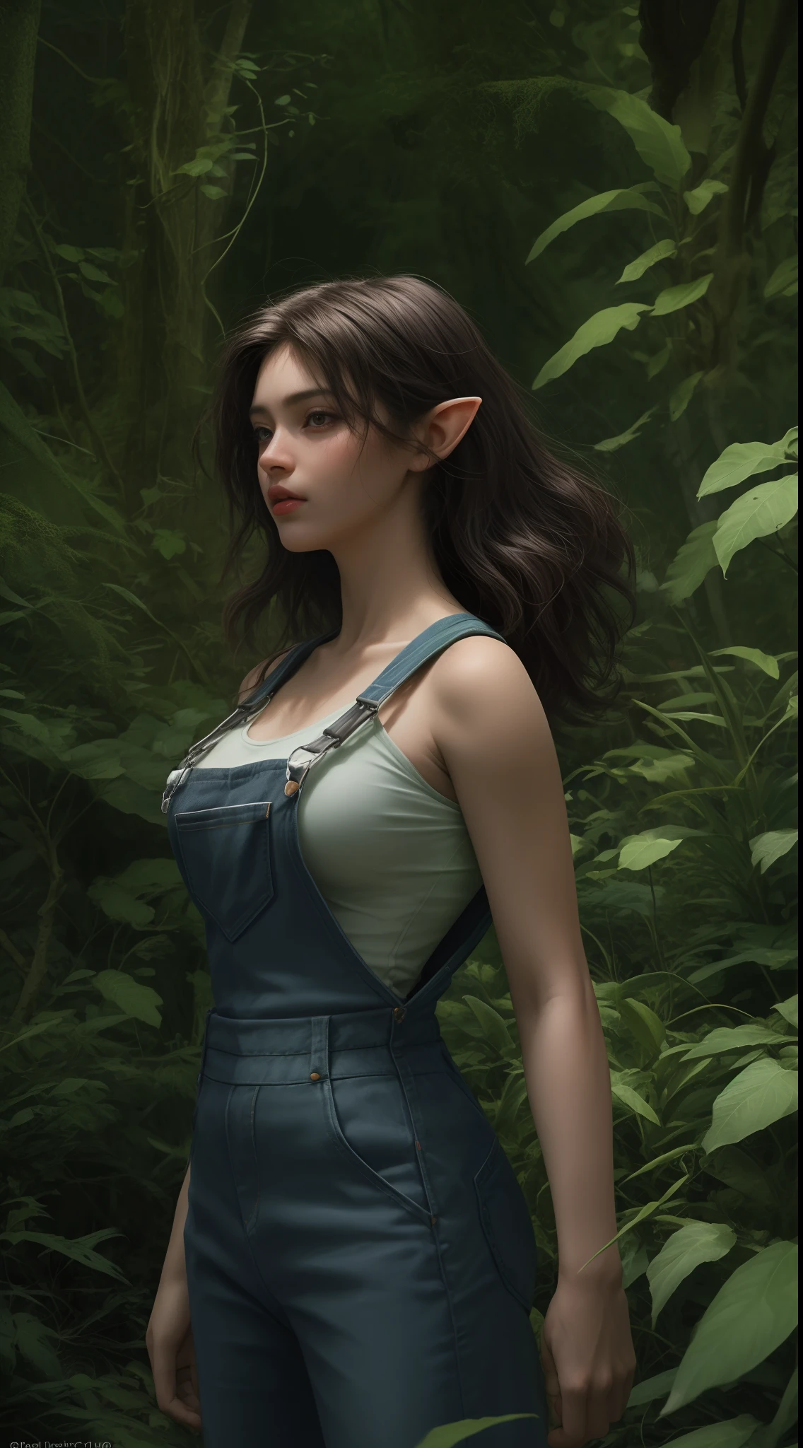 1 garota fada de perfil ,Angle of Close,morena cabelo curto cacheado, Sexy overalls clothing,seios grandes , forest background various fairies ,8K Ultra realista