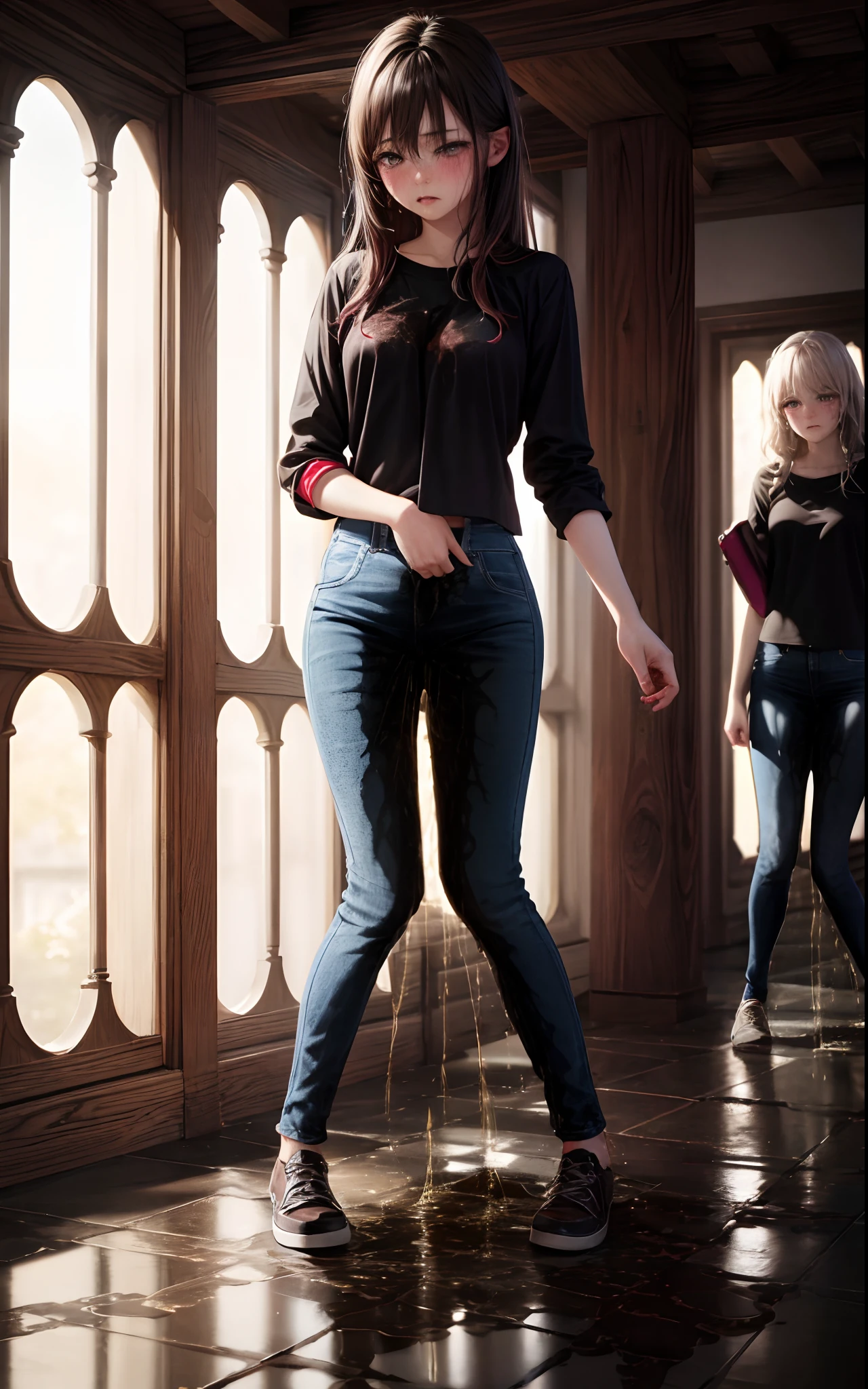 masterpiece, best quality, high resolution, (3girls), 20 years old, (blue jeans pants), full body, blush, worried, park, (((((((pee stain)))))))
