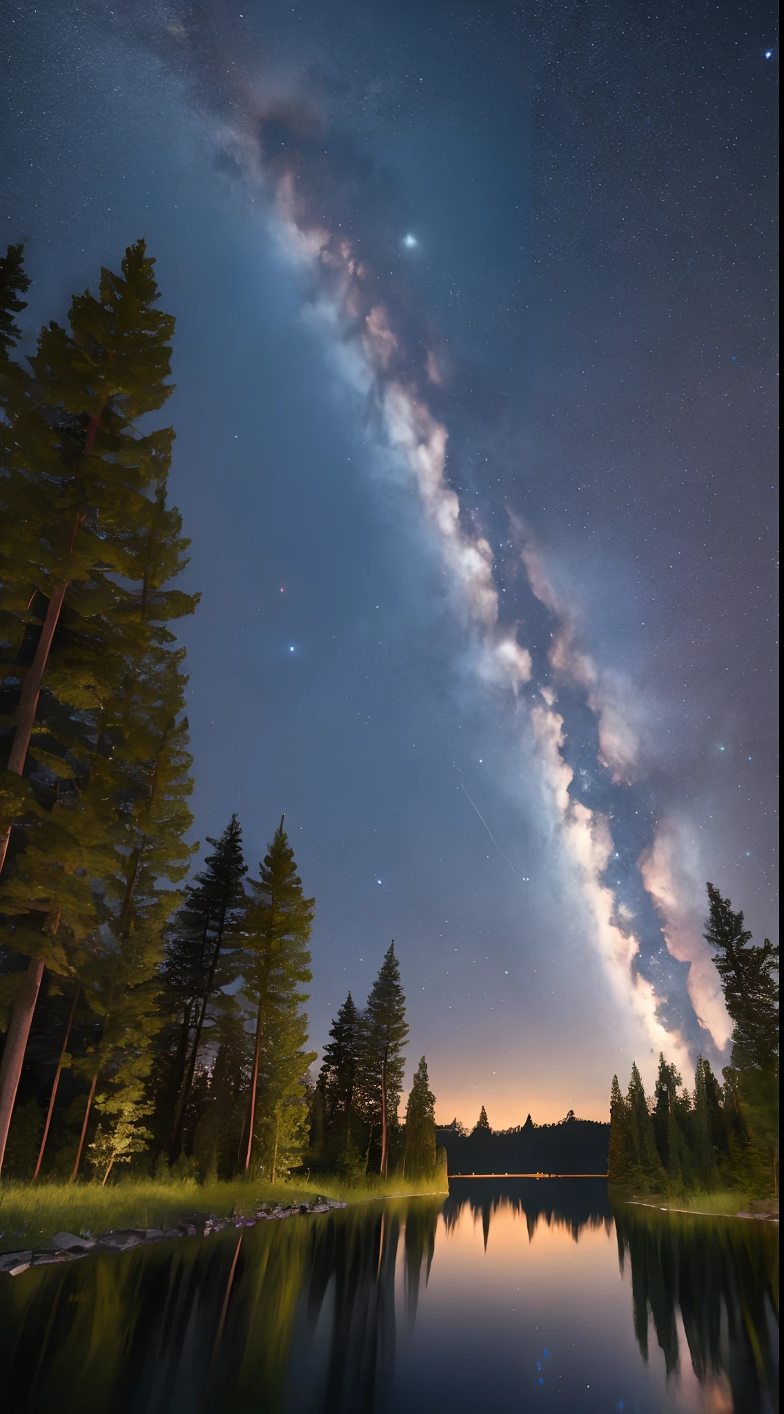 (RAW photos,best qualtiy),(realisticlying,photograph realistic:1.3),best qualtiy,highly detailed,tmasterpiece,hyper-detailing,illustratio,dynamic angle,Masterpiece Theatre of the World,best qualtiy,extremely detailed CG unity 8k wal,astounding,cinmatic lighting,(9:16),meteor shower,starrysky,lakes,ln the forest,glowworm --auto
