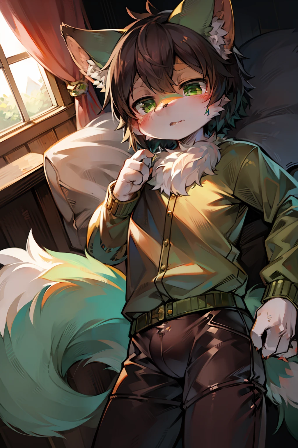 Masterpiece,High quality,abstract res,Digital painting\(artwork of a\), by Dagasi, Yupa,Kiyosan,(anthro,Fluffy fur,Character focus:1.1),anthro male cat,Short hair,Portrait , eyes with brightness, in a panoramic view, Character focus.(detailedbackground:0.7), 独奏, shaggy, shaggy male, malefocus, anthr,(Full Body Furry, Fluffy tail, Green fur, Green eyes,