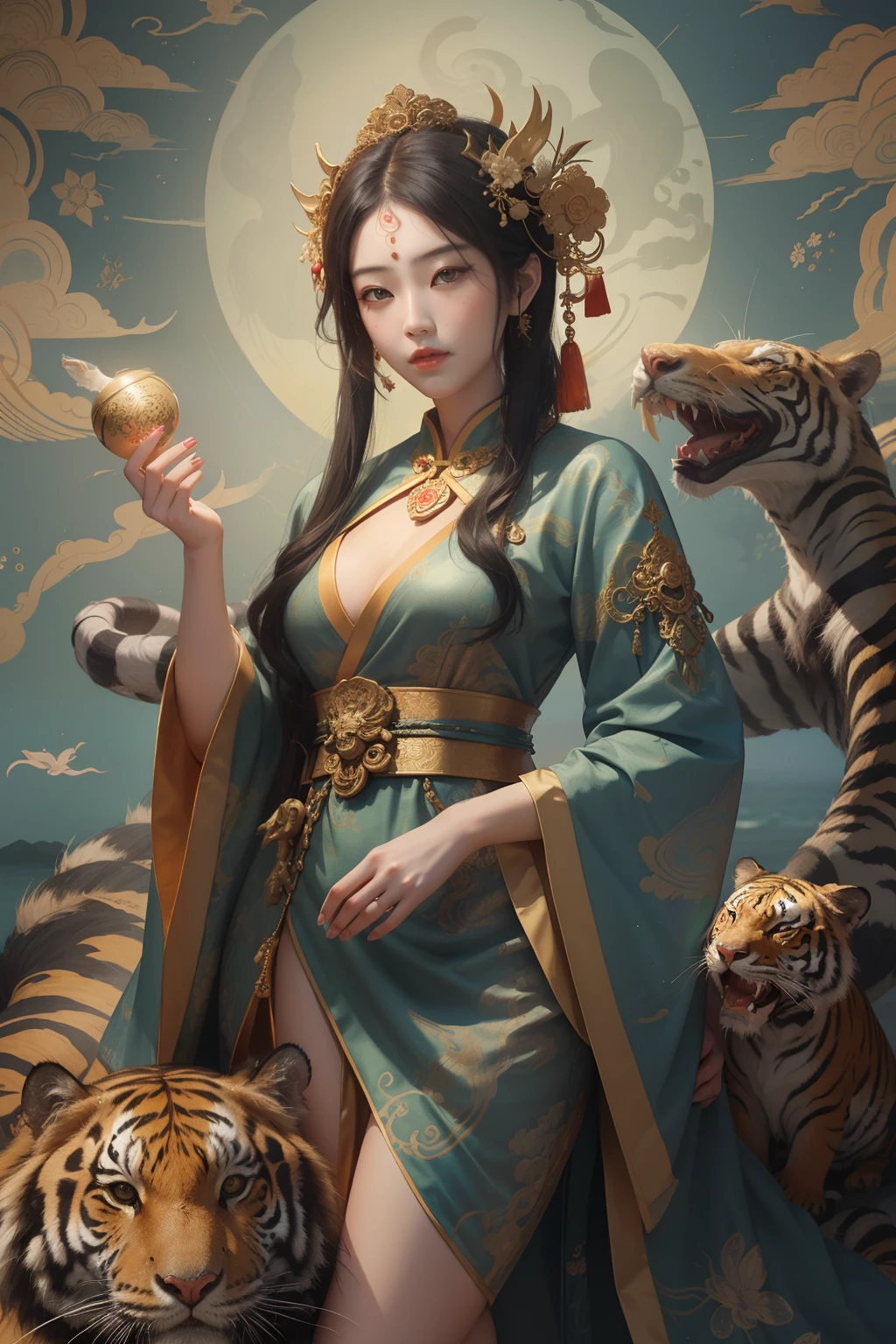 an ancient Chinese goddess, guanyin of the southern seas, Guanyin, Inspired by China, Avalokiteshvara rides a tiger，,Serene expression,shui mo hua,Buddha,Buddhist,Lotus,Chinese painting style,Thangka style