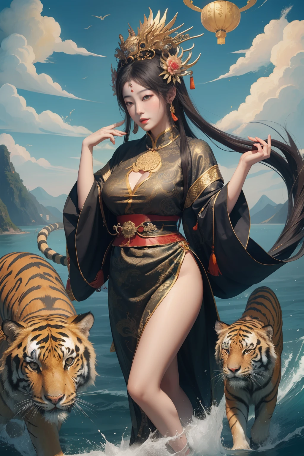 an ancient Chinese goddess, guanyin of the southern seas, Guanyin, Inspired by China, Avalokiteshvara rides a tiger,,Serene expression,shui mo hua,Buddha,Buddhist,Lotus,Chinese painting style,Thangka style