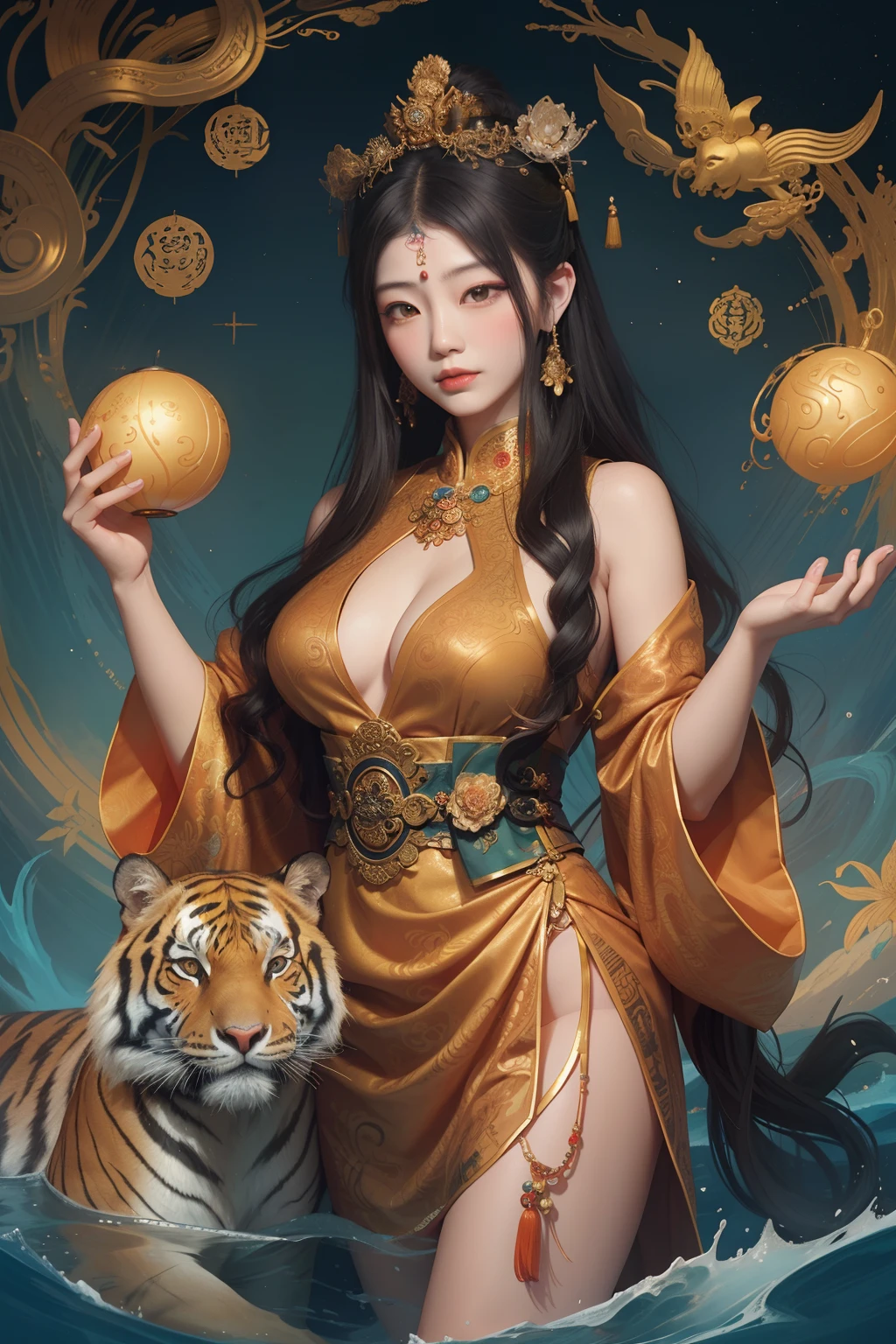 an ancient Chinese goddess, guanyin of the southern seas, Guanyin, Inspired by China, Avalokiteshvara rides a tiger,,Serene expression,shui mo hua,Buddha,Buddhist,Lotus,Chinese painting style,Thangka style
