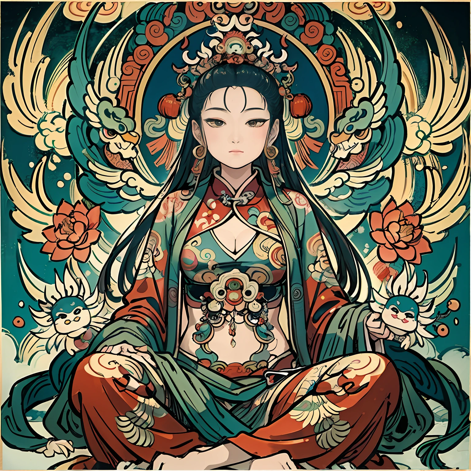 an ancient Chinese goddess, guanyin of the southern seas, Guanyin, Inspired by India, Avalokiteshvara rides a phoenix,,Serene expression,shui mo hua,Buddha,Buddhist,Lotus,Chinese painting style,Thangka style