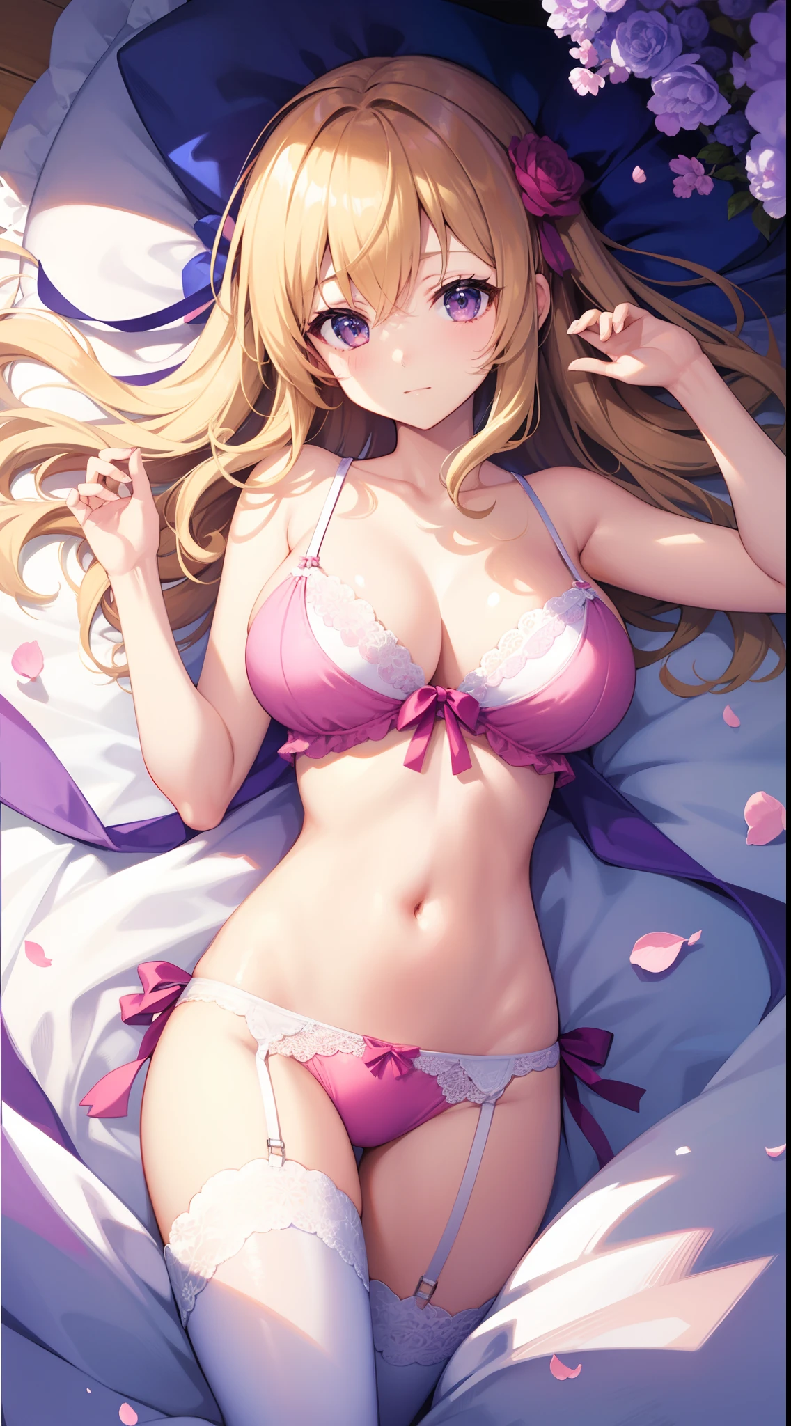 masutepiece、hight resolution、1girl in、Cute anime illustration、in one's underwear only、Floral Lingerie、Glossy look、large full breasts、