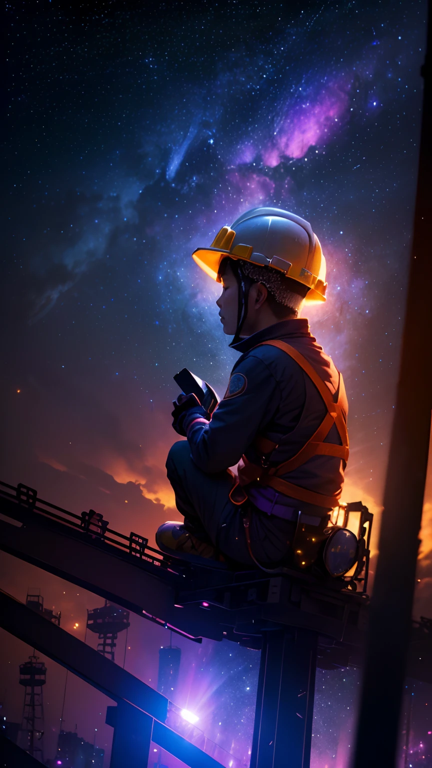 Expansive landscape photograph,Vast starry sky,look from down,Above is the sky,(((A Chinese construction worker sitting on a construction steel frame below,looking at the stars:1.5))),(((Bring a hard hat:1.5))),(moon full:1.2),(meteors:0.9),(Starcloud),Distant sea level,(Warm light source:1.2),(glowworm:1.2),lamp lights,Lots of purple and orange,Complicated details,Volumetric lighting BREAK(tmasterpiece:1.2),(best qualtiy),4K,ultra - detailed,(dynamic compositions:1.4),detail-rich,plethora of colors,(Irridescent color:1.2),(with light glowing,Atmospheric lighting),dream magical,magical,(独奏:1.2)Extremely detailed beauty, ridiculous, unbelievable Ridiculous, hugefilesize, ultra - detailed, A high resolution, The is very detailed, top-quality, tmasterpiece, illustratio, The is very detailed, NFFSW, unified, 8K picture wallpaper, magnifica, finedetail, tmasterpiece, top-quality, A highly detailed,hentail realism,photoreali,(realisticlying,photograph realistic:1.37),(natta),