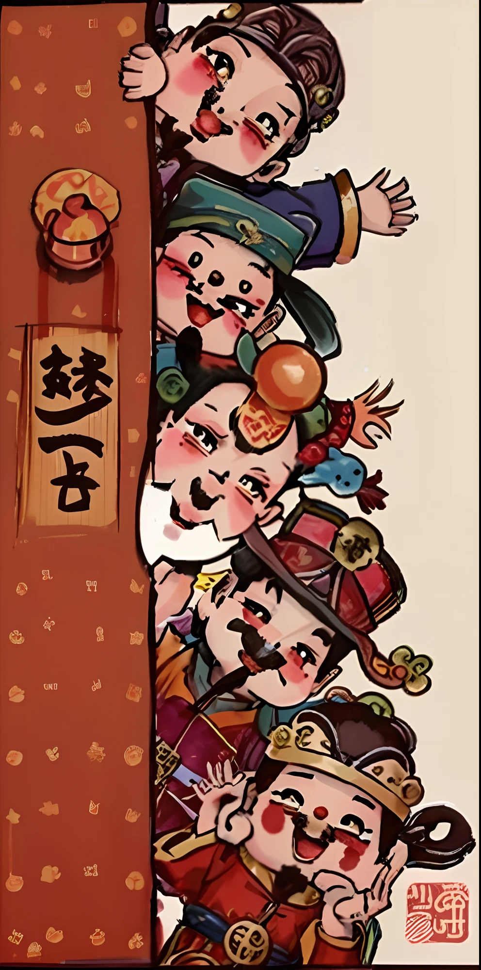 Close-up of cartoon characters with a group of people, Journey to the West. Pop art, Chinese tradition, chinese three kingdoms, Chinese traditional, author:Qu Leilei, Journey to the West, Chinese mythology, author:Central Plains South Tianfang, artwork in the style of z.Show on the. gu, author:Kitasan Okada,God of Wealth,cartoony,Five people,Freshen hands,Clear face,k hd,ultraclear,Best image quality