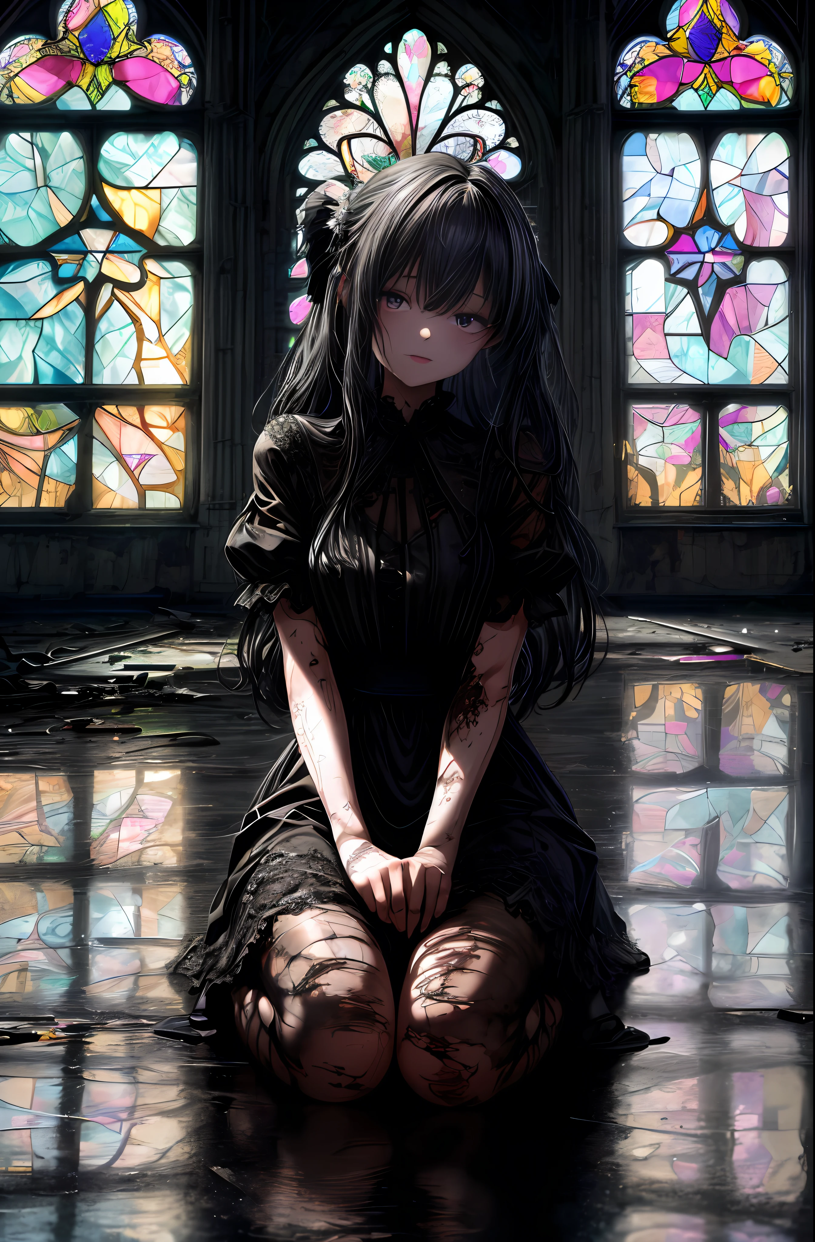 extremely detailed wallpaper, Super detailed details, detailed shadow, very precise detailed, extremely detailed 8K wallpaper, very fine 8KCG wallpapers,An old abandoned church. A girl sitting down. Her black dress is torn and stained in places. Her white dull hair is long and shaggy. Light is coming through a cracked stained glass window.