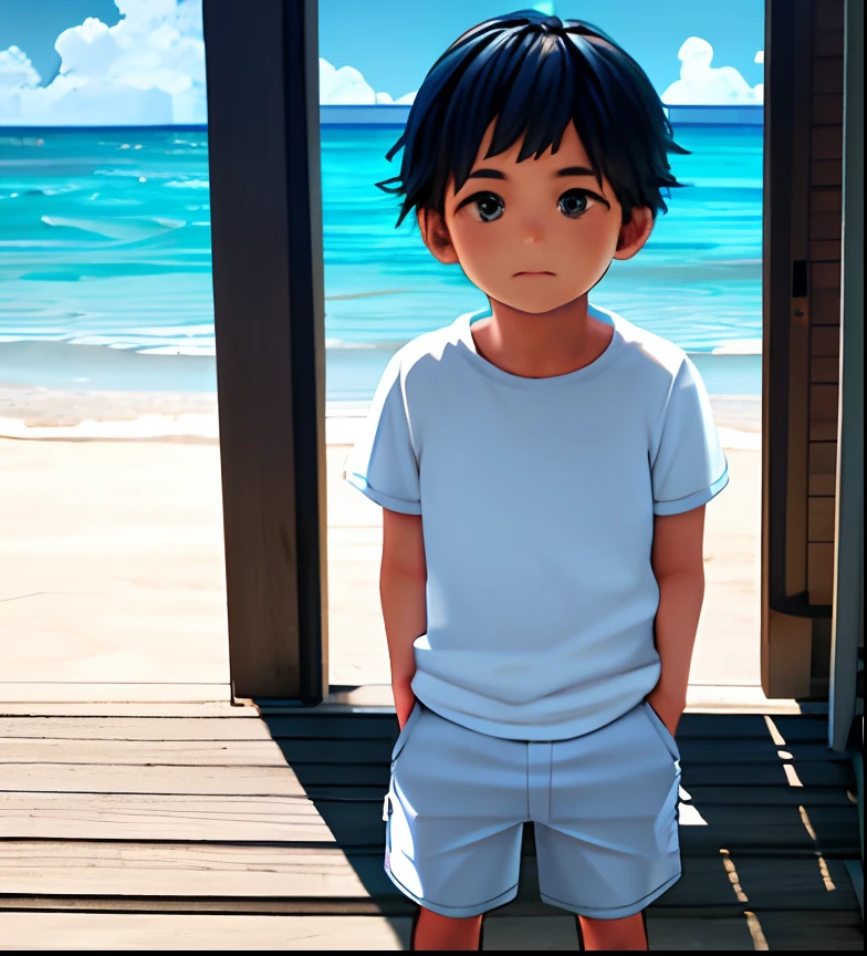 blue short sleeves, white shorts, seaside, semi-realistic, cute