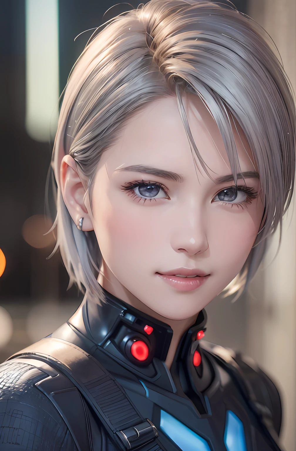 (8k, photorealistic, RAW photo, top quality: 1.4), (1girl), super beautiful, (realistic face), (boyish, silver-colored berry short hair), beautiful cyberpunk suit, glares seducing viewer, beautiful expression, beautiful breasts, (realistic skin), beautiful smile, (soldier), attractive, ultra high resolution, ultra realistic, high definition, spoiled