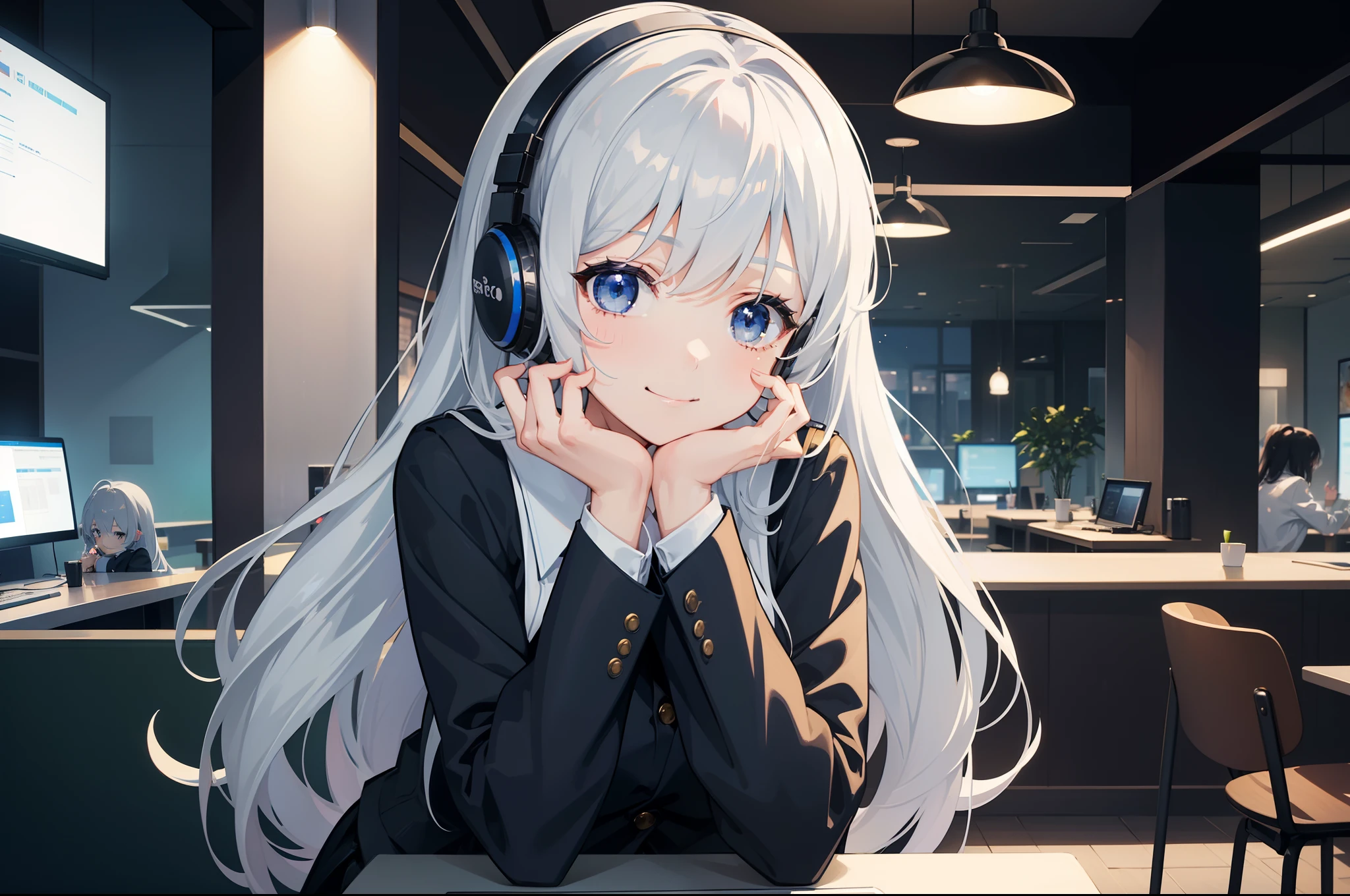 (1girl in),fashionable cafe、TOKYOcty、Anime girl using laptop((I use a laptop))、20yr old、Upper body, mid-shot,(front facing)、 femele, Detailed eyes,lofi-girl、lofi art、 ((Beautiful woman on computer)),Semi-long hair, Silver hair、 Bangs,Dark blue business suit、skirt by the、headphones、Long sleeves,、frontage、A smile、Look at viewers、