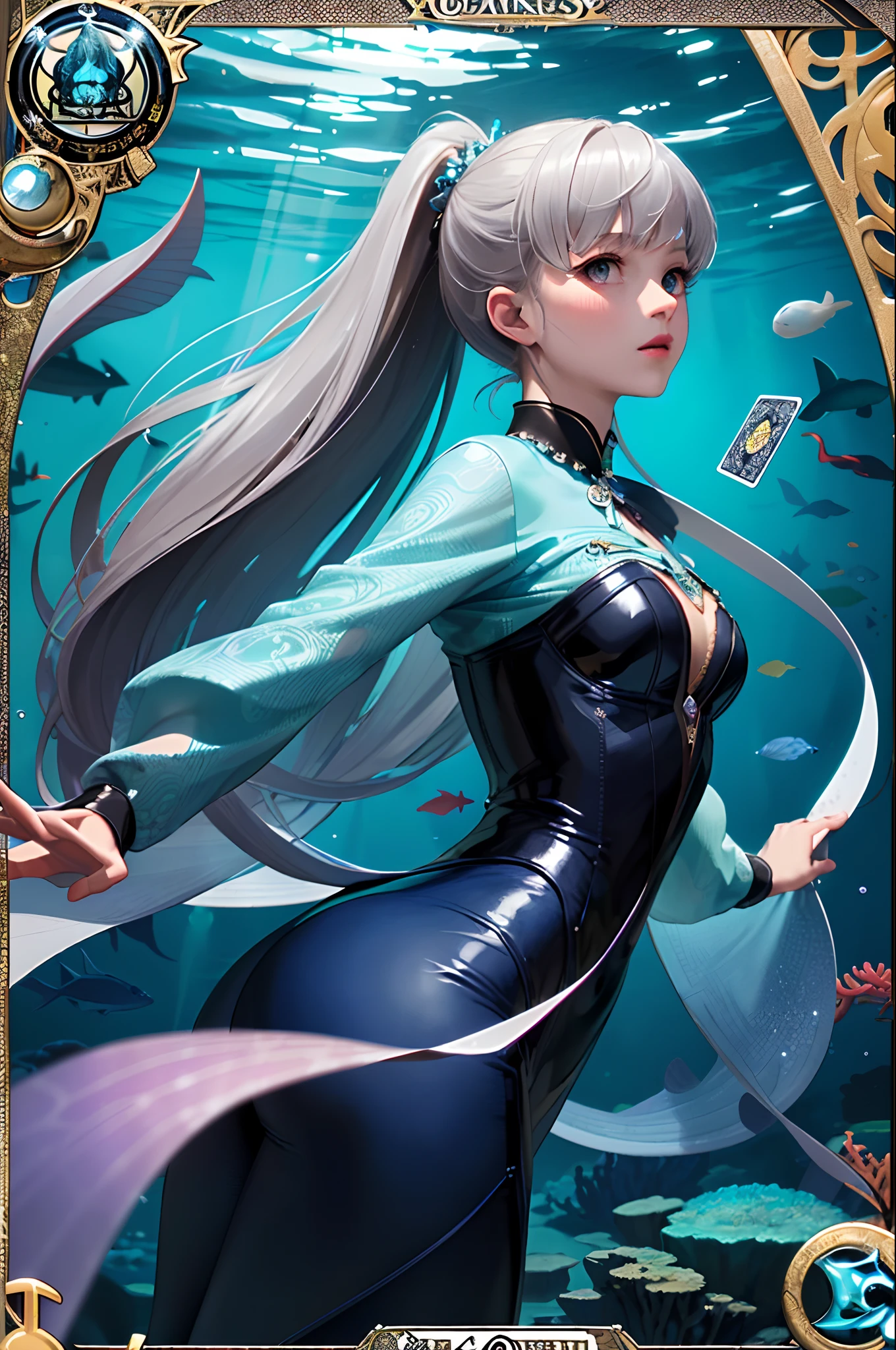 masterpiece, best quality, Alphonse Mucha, art nouveau,
 (tarot card style:1.3),  tarot framework with deep-sea motifs,  
(dark shot:1.2), blue theme, dark and glowing,
1girl, grey brond hair, absurdly long hair, ponytail, upper body,  from side, looking at viewer, 
underwater flowers,
In the enigmatic depths of the ocean, a luminescent princess adorned with seashell and scale-inspired attire, among bioluminescent creatures, ancient underwater ruins, and vibrant coral reefs, where darkness and light coalesce to reveal the secrets of the deep,
Deep-sea creatures such as jellyfish, anglerfish, coelacanths, manta rays, an underwater princess character with fish scale and seashell-inspired dresses and accessories, colorful coral reefs and seagrass, gems and seashells, bioluminescent and fluorescent phenomena, bubble motifs, underwater architecture like ancient ruins or underwater castles, water currents and ripples, contrast between deep-sea darkness and emitted light,
cinematic lighting, dynamic lighting, intricate details, hyper realistic lifelike 3d,