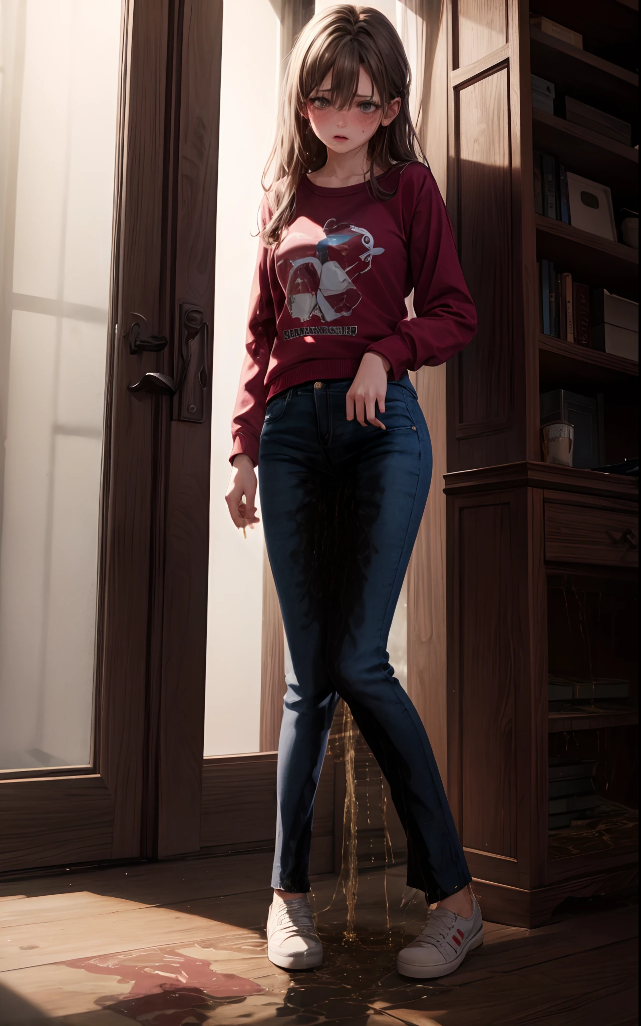 RAW photo, best quality, masterpiece, extremely delicate and beautiful, extremely detailed, 8k wallpaper, highres, realistic, 8k, soft lighting, high quality, cinematic lighting, (2girls), 20 years old, blue jeans pants, full body shot, blush, worried, ((((((pee stain))))))