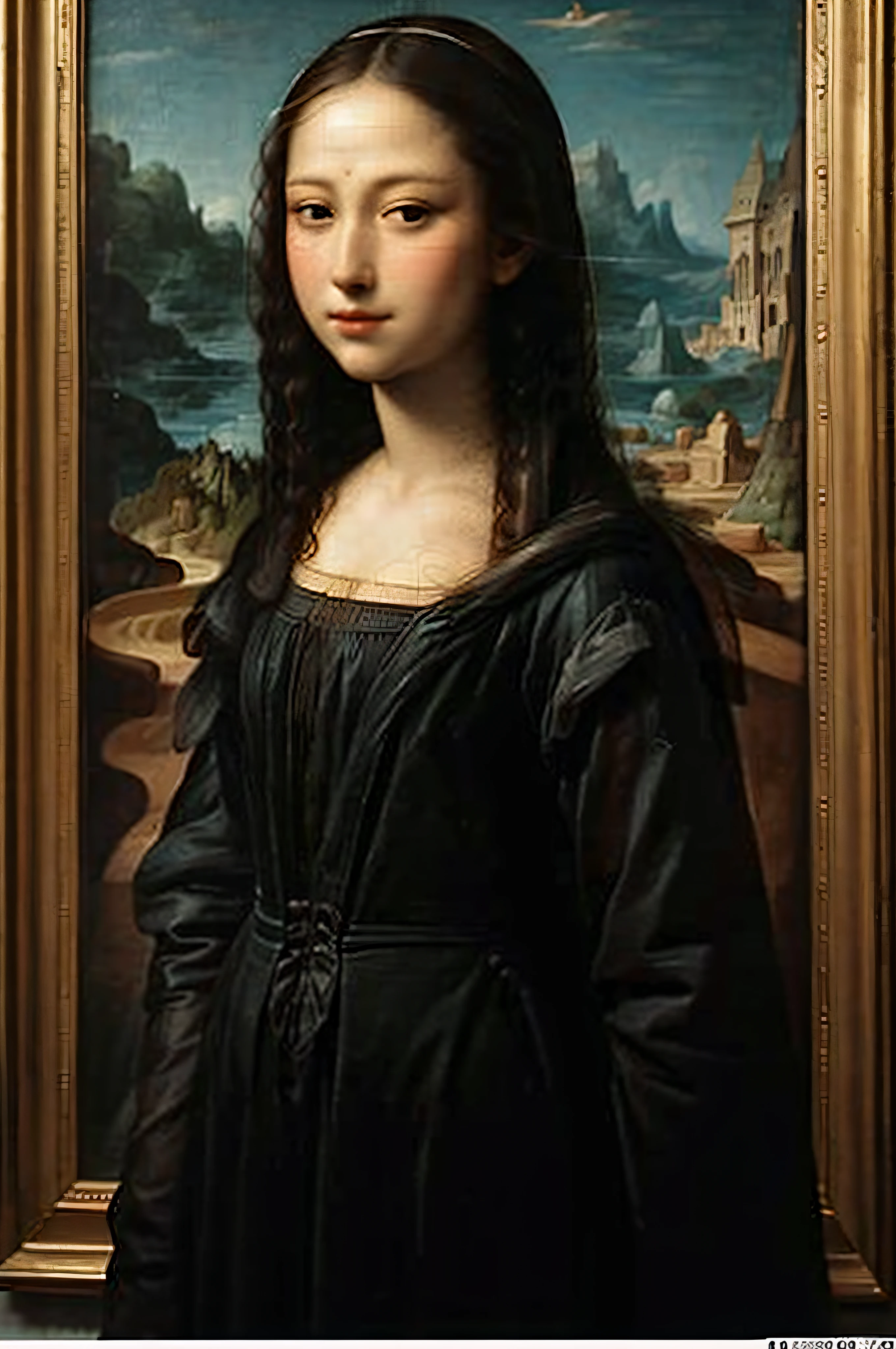 art picture, Mona lisa, renaissance,
beautiful m3d_woman, a woman with long hair wearing a black dress , perfect m3d_body, perfact m3d_face
,painted in renaissance style
