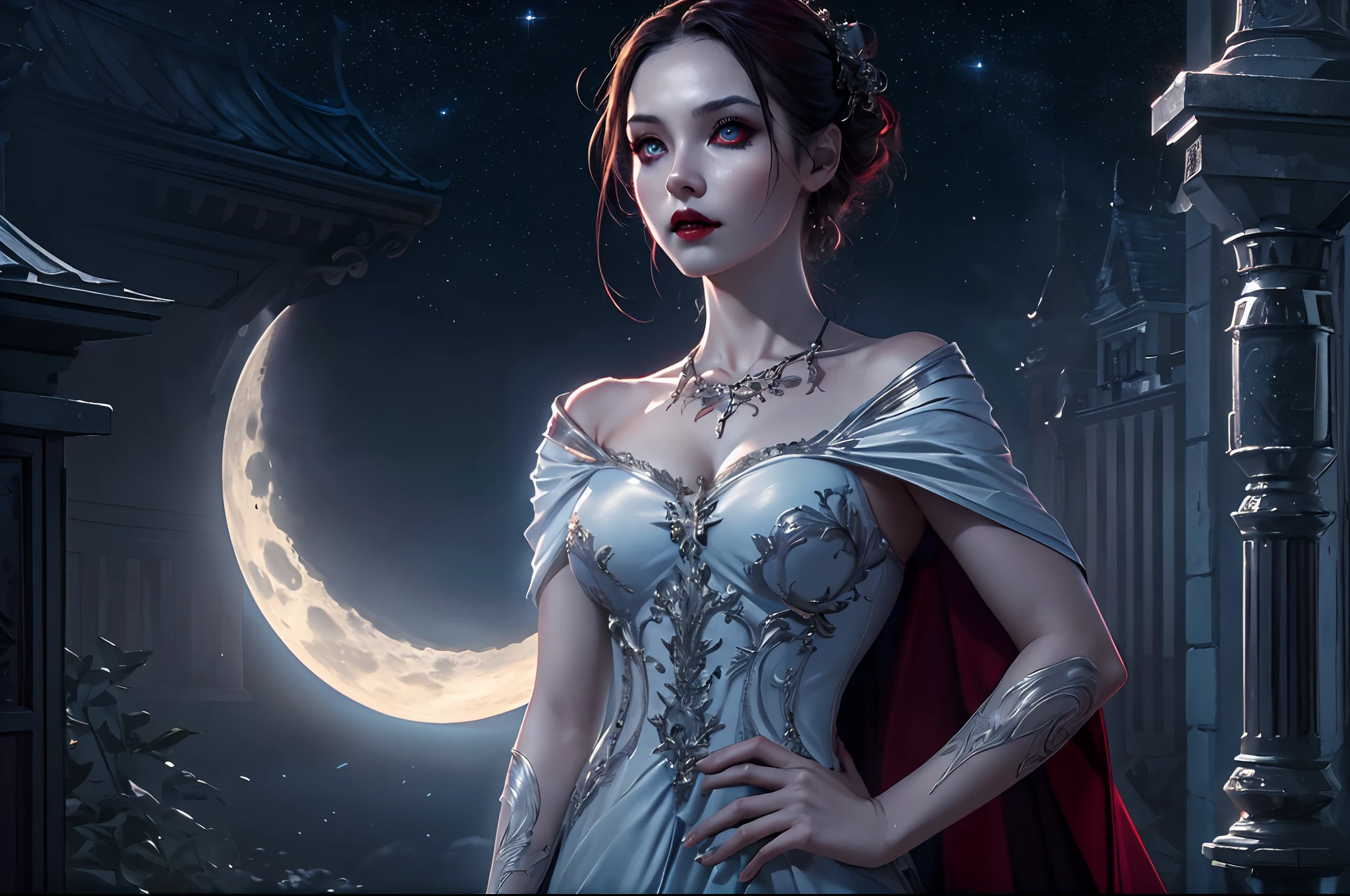 a picture of an exquisite beautiful female vampire standing under the starry night sky on the porch of her castle, dynamic angle (ultra detailed, Masterpiece, best quality), ultra detailed face (ultra detailed, Masterpiece, best quality), ultra feminine, grey skin, red hair, wavy hair, dynamic eyes color, cold eyes, glowing eyes, intense eyes, dark red lips, [fangs], wearing white dress, elegant style dress (ultra detailed, Masterpiece, best quality), wearing blue cloak (ultra detailed, Masterpiece, best quality), long cloak, flowing cloak (ultra detailed, Masterpiece, best quality), wearing high heeled boots, sky full of stars background, moon, bats flying about, high details, best quality, 8k, [ultra detailed], masterpiece, best quality, (ultra detailed), full body, ultra wide shot, photorealism, dark fantasy art, dark fantasy art, gothic art, many stars, dark fantasy art, gothic art, sense of dread,