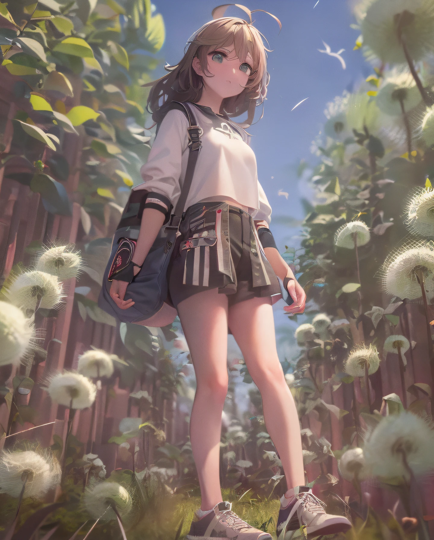 (masterpiece:1.3),(best quality:1.2),8k,absurdres,unity 8k wallpapper,(extremely detailed:1.3),highestres,realistic, 
1girl,low_angle_human,sky,cloud,grass,blurry foreground, full body, (green:1.2),sun,(dandelion:1.1),,shoe sole,