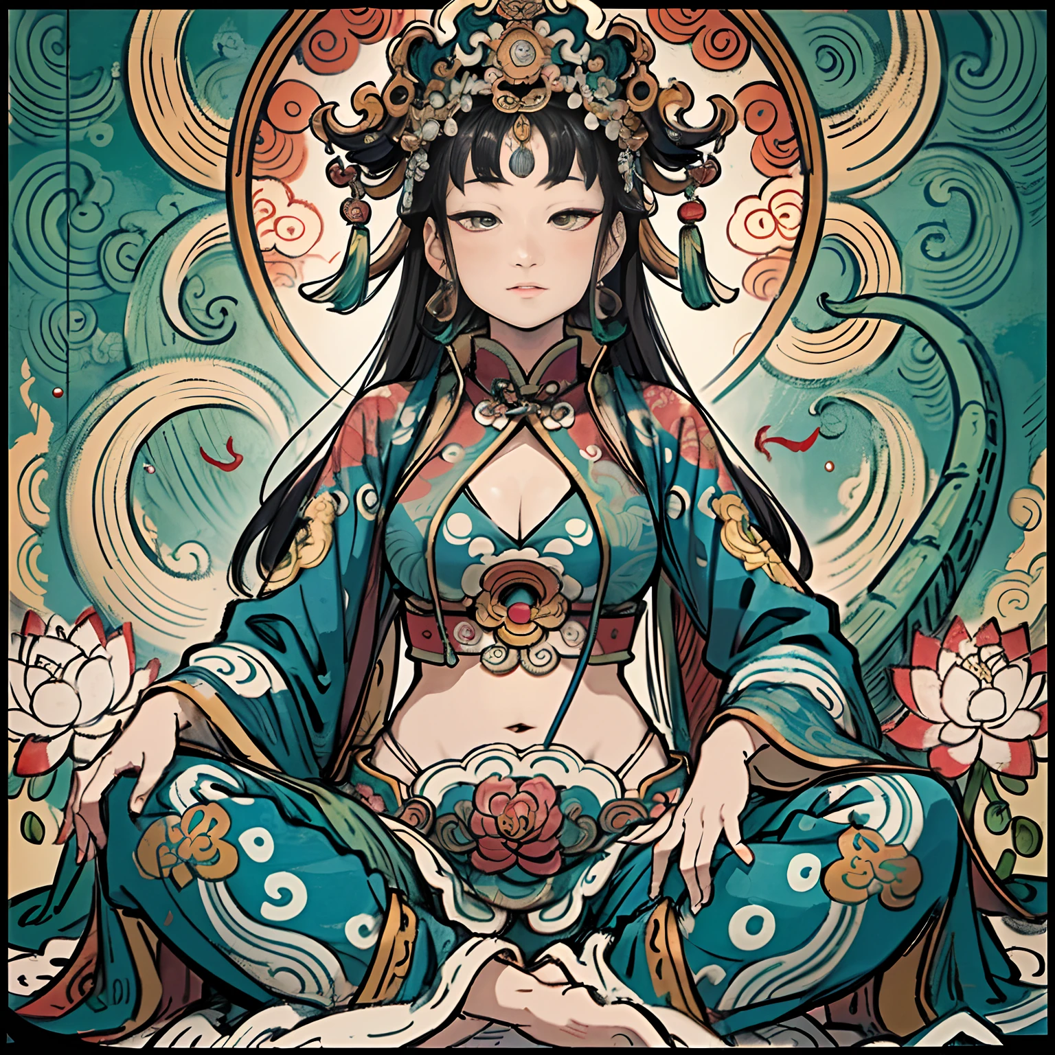 an ancient Chinese goddess, guanyin of the southern seas, Guanyin, Inspired by India, Avalokiteshvara rides a dragon,,Serene expression,shui mo hua,Buddha,Buddhist,Lotus,Chinese painting style,Thangka style