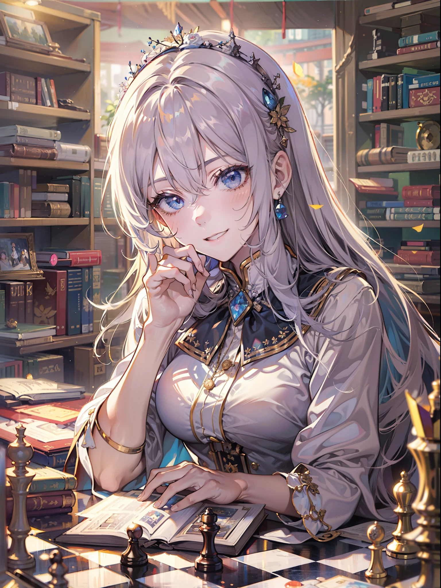 ((Best Quality, 8K, Masterpiece:1.3)), 1woman, Academy uniform, warm smile, chessboard, chess symbol, silver Long Hair, mesmerizing sunlight, library, elegant, queen chess, light novel cover art, detailed key anime art, epic light novel art cover, high quality fanart, zerochan art, artbook artwork, dreamy eyes, good ratio, good proportion, detailed property, detailed hand
