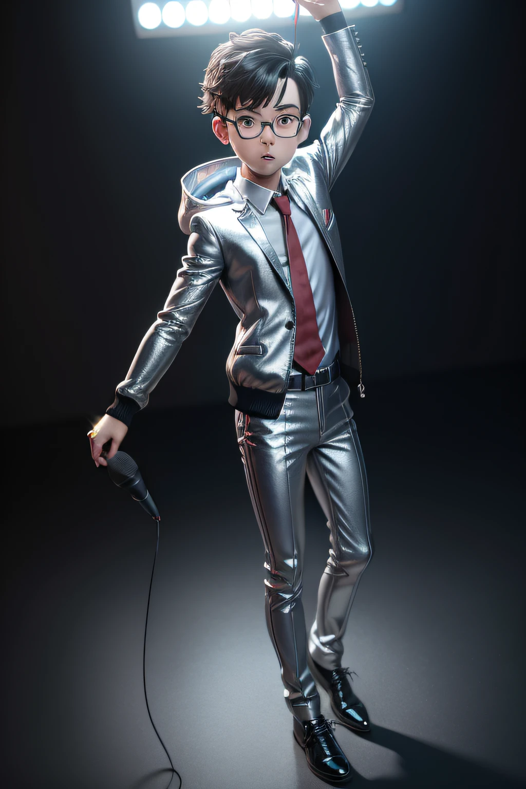 3d Pixar boy with silver jacket, silver pants, red tie, black shoes, with microphone in hand