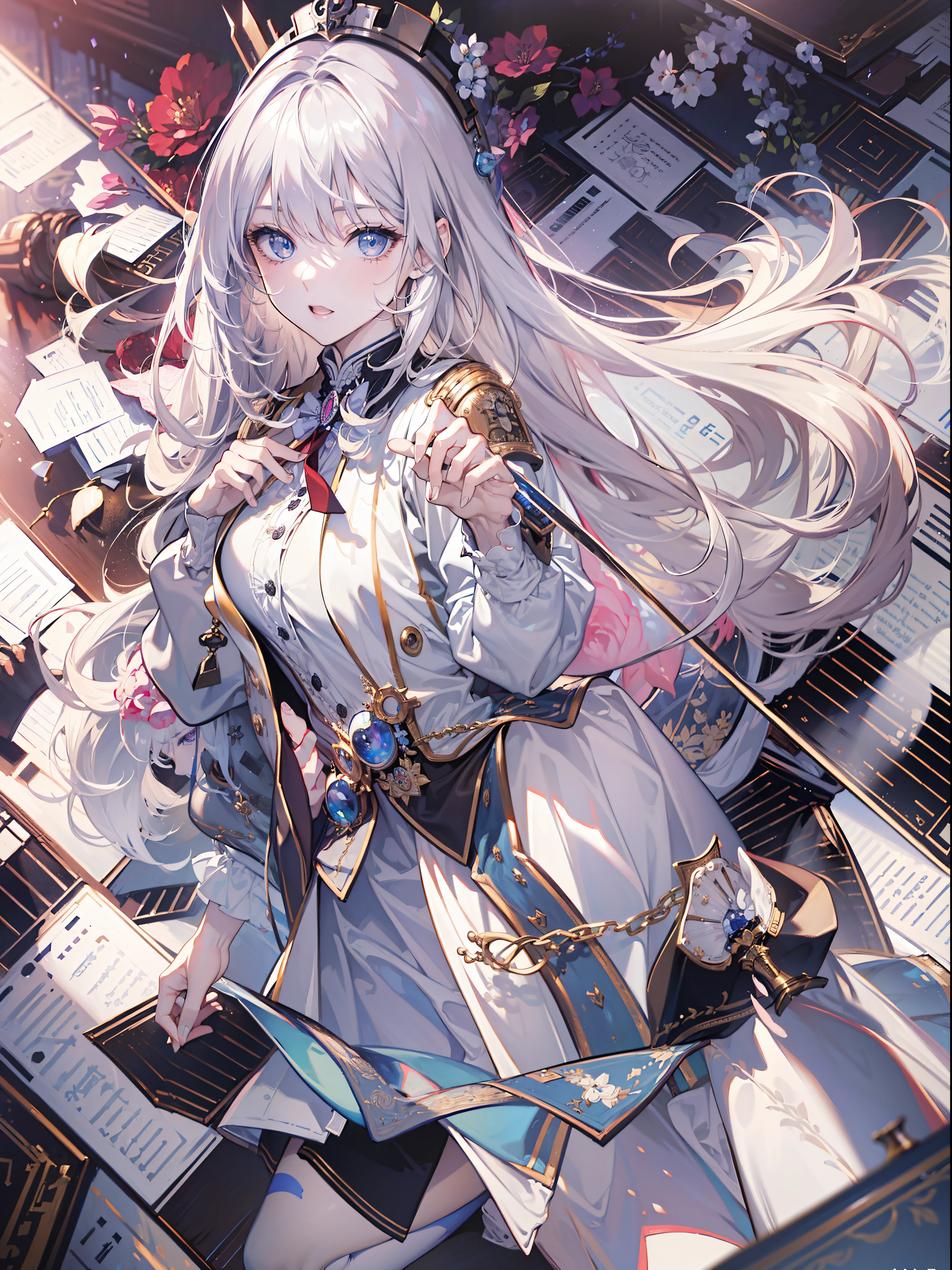 ((Best Quality, 8K, Masterpiece:1.3)), 1woman, Academy uniform, chessboard, chess symbol, silver Long Hair, mesmerizing sunlight, library, elegant, queen chess, light novel cover art, detailed key anime art, epic light novel art cover, high quality fanart, zerochan art, artbook artwork, dreamy eyes, good ratio, good proportion, detailed property, detailed hand