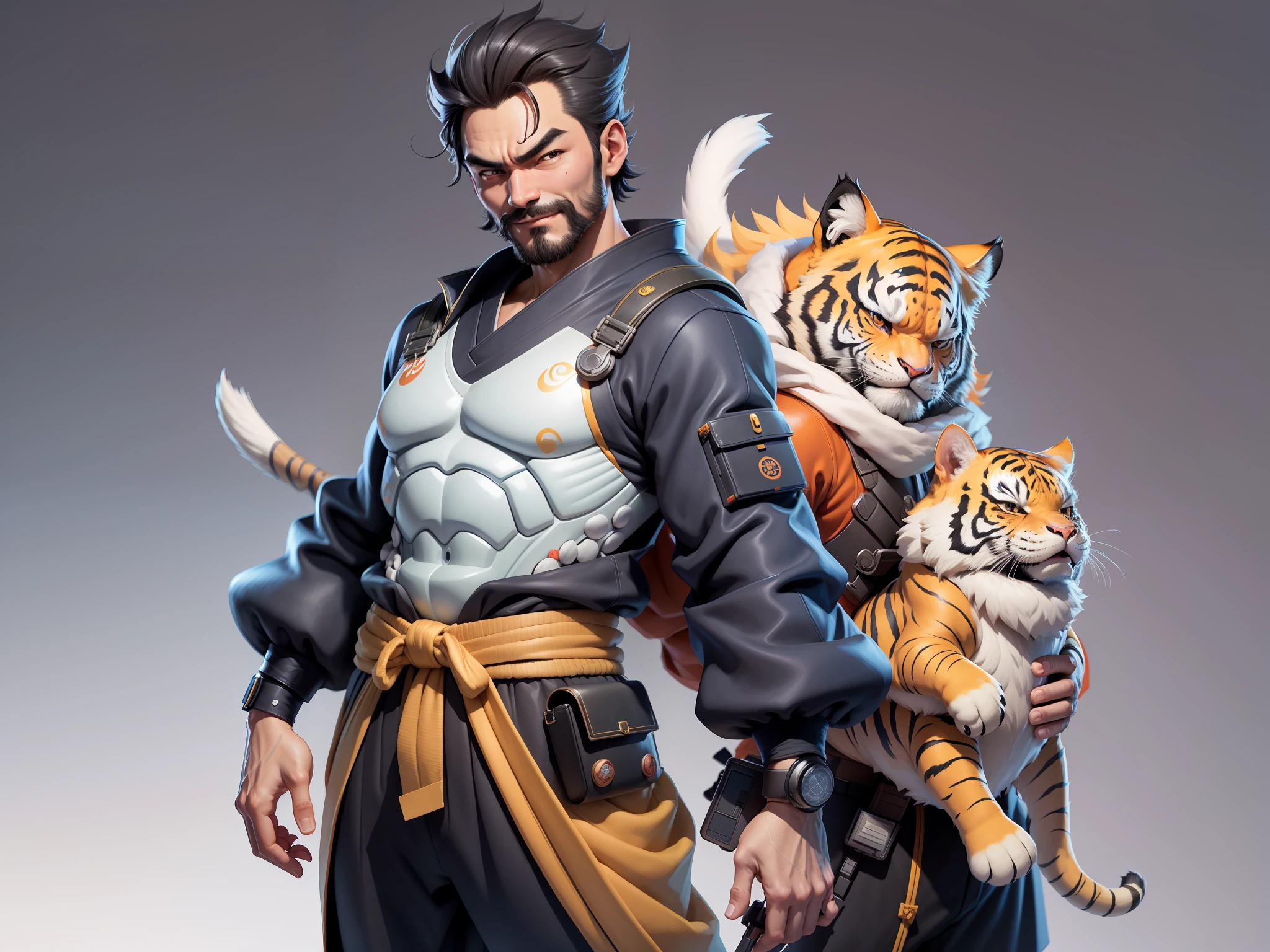 (Daisaku),(Need),(Super meticulous),(full bodyesbian:1.2),Super young man with Japanese geisha,Beautiful,orient,one tiger,Aeolian Thor,Raised sexy,爆乳,Oriental face,TV Anchor,Bust portrait illustration,In black suit,a blue tie,The face is slightly chubby,The face was clean,without a beard,Black super short hair,Black eyes,Smile confidently,3C computer sub-products,iPad, iphone,Digital painting,3D character design by Mark Clairen and Pixar and Hayao Miyazaki and Akira Toriyama,The illustration is a high-definition illustration in 4K resolution,With very detailed facial features and cartoon-style visuals。