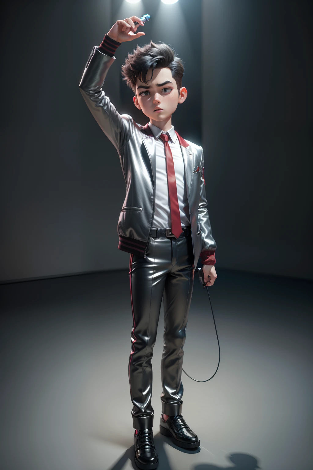 3d Pixar boy with silver jacket, silver pants, red tie, black shoes, with microphone in hand
