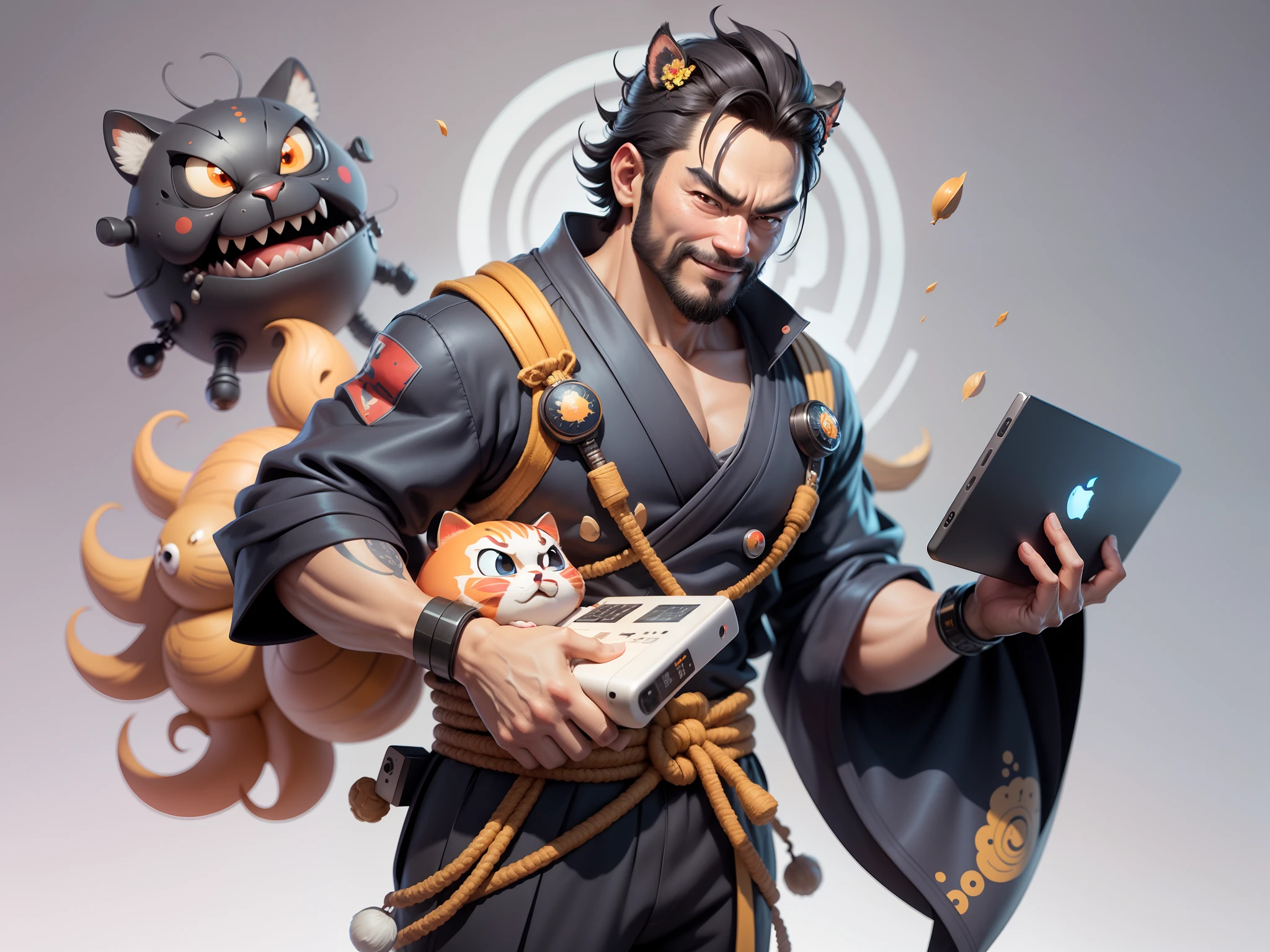 (Daisaku),(Need),(Super meticulous),(full bodyesbian:1.2),Super young man with Japanese geisha,Beautiful,orient,one tiger,Aeolian Thor,Raised sexy,爆乳,Oriental face,TV Anchor,Bust portrait illustration,In black suit,a blue tie,The face is slightly chubby,The face was clean,without a beard,Black super short hair,Black eyes,Smile confidently,3C computer sub-products,iPad, iphone,Digital painting,3D character design by Mark Clairen and Pixar and Hayao Miyazaki and Akira Toriyama,The illustration is a high-definition illustration in 4K resolution,With very detailed facial features and cartoon-style visuals。