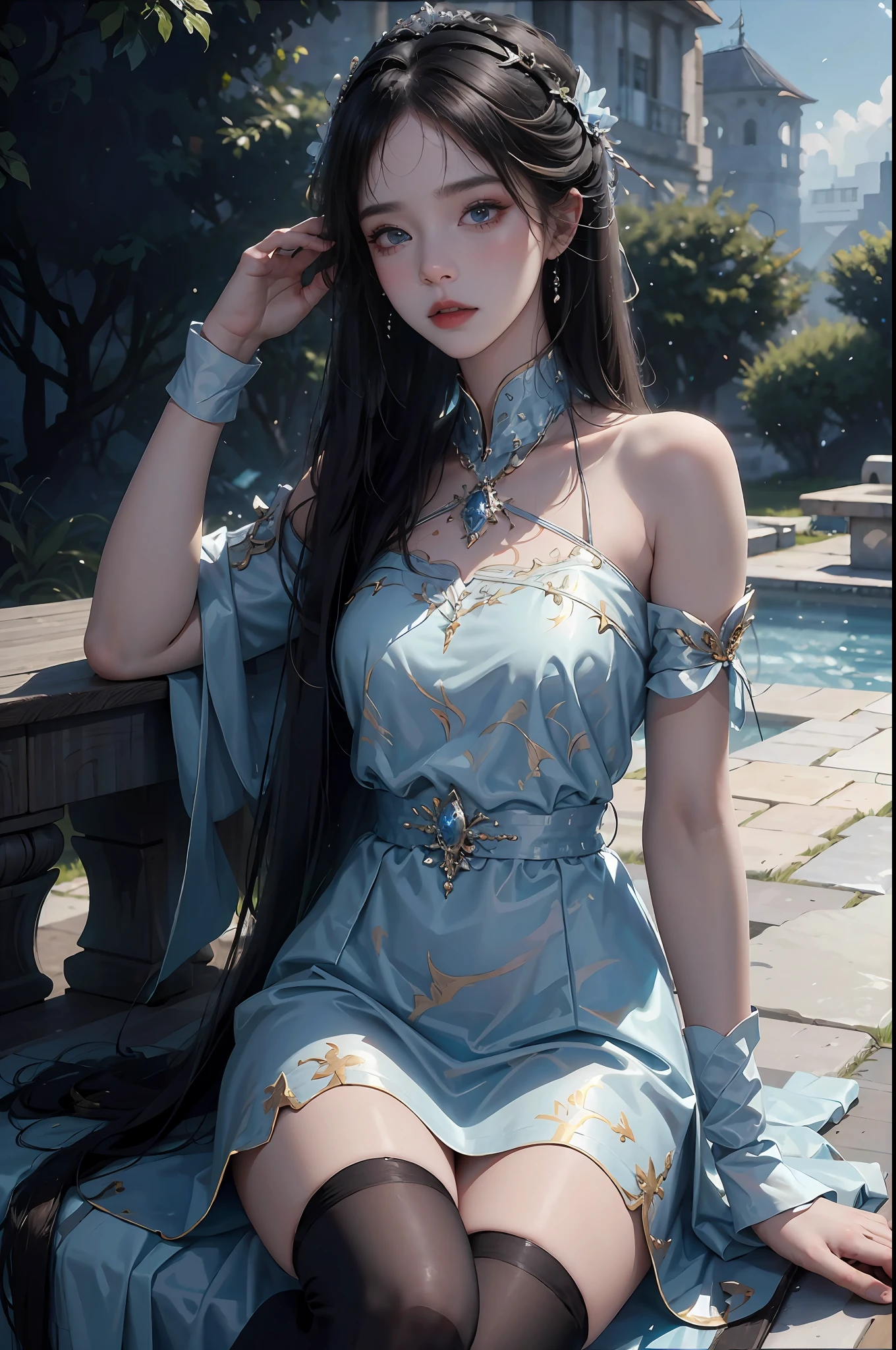 (best qualtiy, 8K,realisticlying，photore，tmasterpiece:1.3)，3D，One hand on the ground, The other rubs the hair，sitting at the edge of pool，Legs crossed，wearing blue dress，blackstockings，Exquisite facial features，Smoky makeup，lipsticks，cosplay，very pretty girl，1girll，Highly detailed facial and skin texture, A detailed eye, Whiten skin，