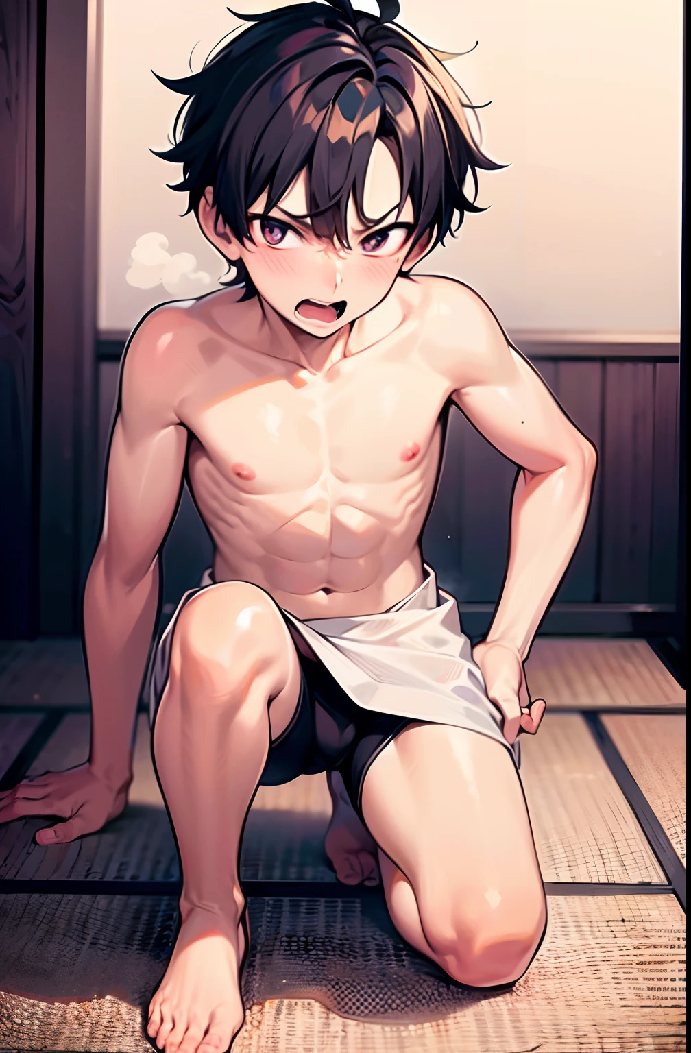 masterpiece, best quality, high quality,  1boy,8yo, boy focus, full body, looking at viewer, brown hair,spiky hairstyle, short hair, steam smork, japan style,  anime coloring, angry, home muji style, detailed face, topless, white towel on waist,finely eye and detailed face,bulge