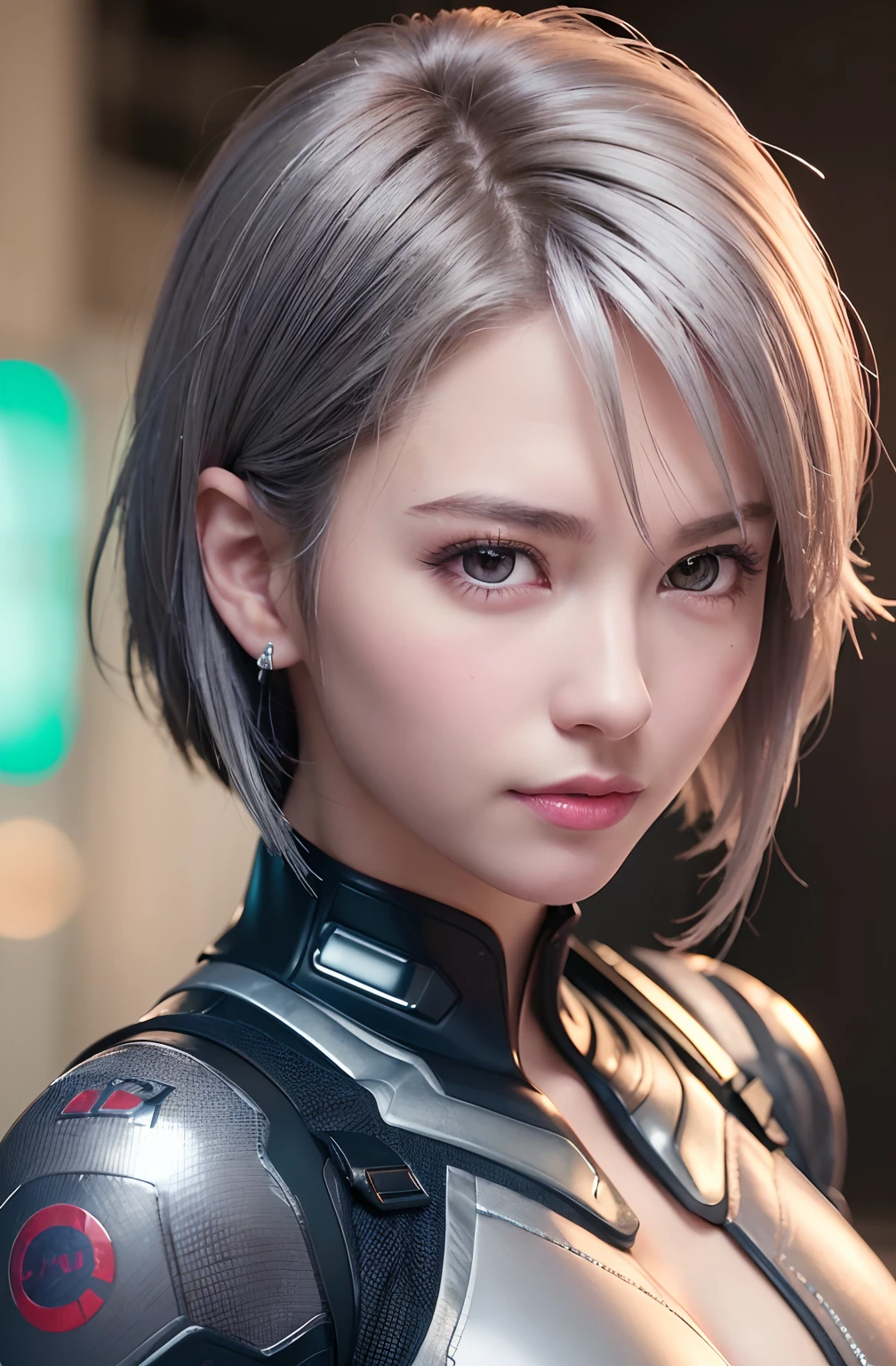 (8k, photorealistic, RAW photo, top quality: 1.4), (1girl), super beautiful, (realistic face), (boyish, silver-colored berry short hair), beautiful cyberpunk suit, glares seducing viewer, beautiful expression, beautiful breasts, (realistic skin), beautiful smile, (soldier), attractive, ultra high resolution, ultra realistic, high definition, spoiled