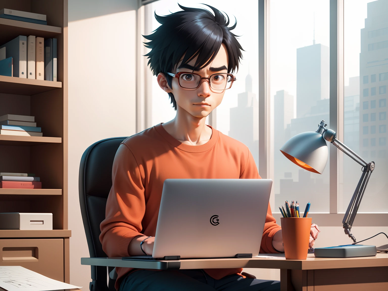 A young man with glasses sits at his desk，holding laptop，digitial painting，3D character design by Mark Clairen and Pixar and Hayao Miyazaki and Akira Toriyama，4K HD illustration，Very detailed facial features and cartoon-style visuals。