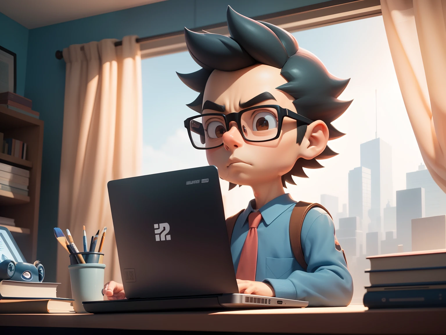 A young man with glasses sits at his desk,holding laptop,digitial painting,3D character design by Mark Clairen and Pixar and Hayao Miyazaki and Akira Toriyama,4K HD illustration,Very detailed facial features and cartoon-style visuals。