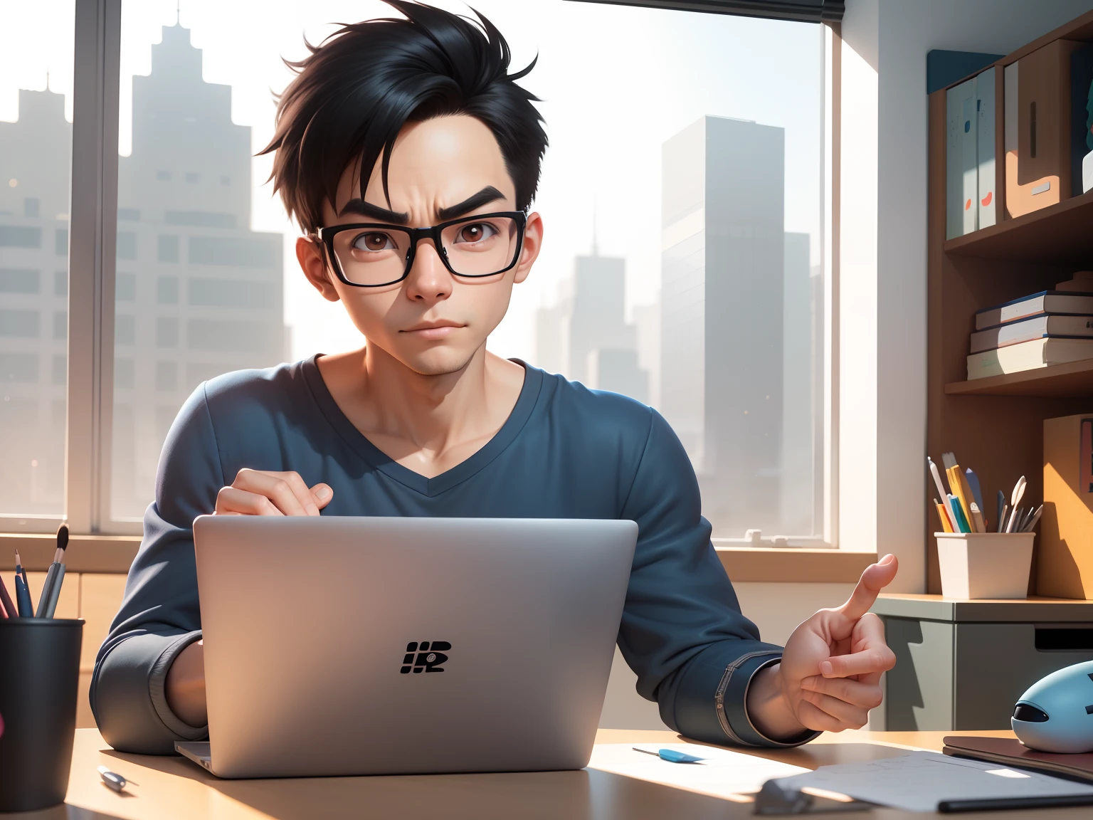 A young man with glasses sits at his desk，holding laptop，digitial painting，3D character design by Mark Clairen and Pixar and Hayao Miyazaki and Akira Toriyama，4K HD illustration，Very detailed facial features and cartoon-style visuals。