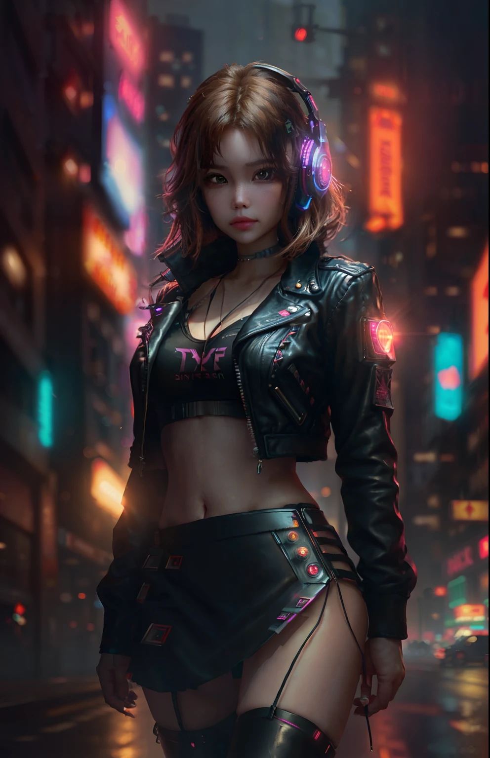 Best Quality, Realistic, Realistic, Award-Winning Illustration, (Complicated Detail: 1.2), (Fine Detail), (Complicated Detail), (Cinematic Lights, Best Quality Backlight), Crisp Lines, Crisp focus, official art, unity 8k wallpaper, absurd, unbelievably absurd, huge file size, ultra- (in_main_street:1.21), (neon lamp), fantasy art, rtx,((triangle closeup photo by award winning studio )), 1 asian woman, very pretty, (shut up), small boobs, ((Cyberpunk city Street, Battle Maiden)), perfect hands, beautiful detailed eyes, Perfect Face, (Cyberpunk blouse, leather jacket, Martin boots) ,,(headphones_around_hair),((pleated skirt) ), ((supermodel pose)),