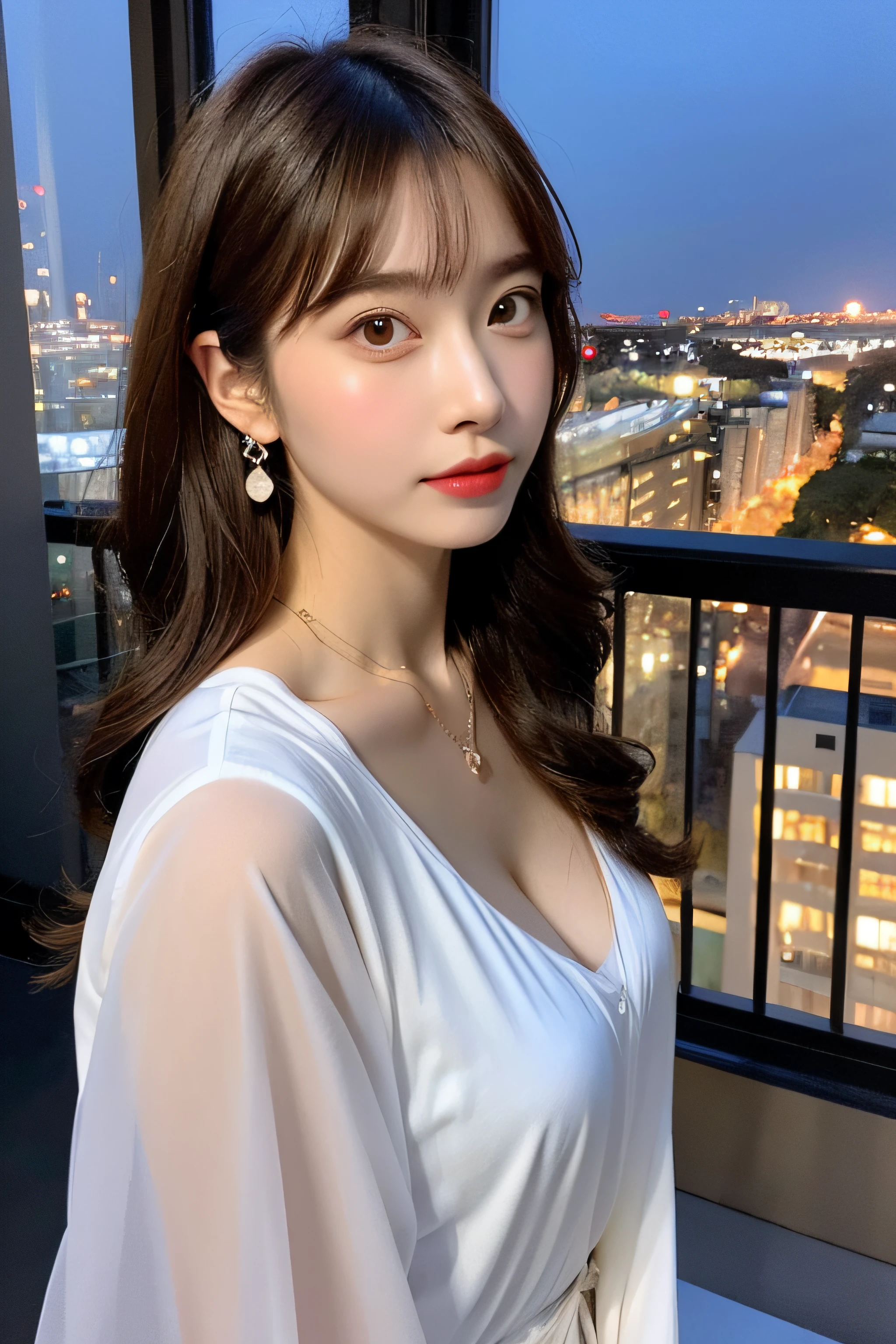 tmasterpiece，(Photorealistic), 32K, (1girll), Mannequin，Pretty Women with Perfect Figure, Cute face, beautiful countenance, (lifelike face), Beautiful hairstyle, Realistic eyes, beautifuldetails, (real looking skin), Beautiful skins, sitting beside the window, hyper HD, Hyper-realistic, Realistic, Very detailed, (nedium breasts ), (cleavage), japanaese girl, (Brown hair), (Slim figure), Fashion clothing, (Translucent shirt), (necklace, Earrings), Balcony or window, high rise, Night view of the city in the background, ((detailed background)), Looking at the Camera