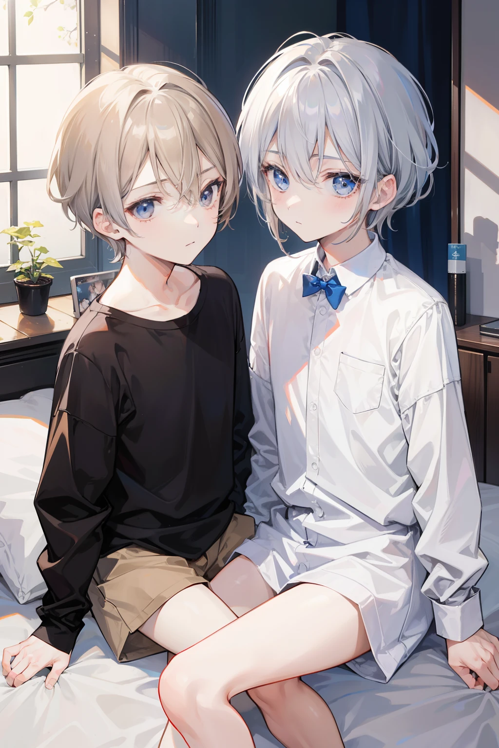 Two Boys, Silver-haired boy and brown-haired boy, Talking、Boy's room、speculum、Boys Love、hight resolution、ultra-detailliert、Clothes are fluttering