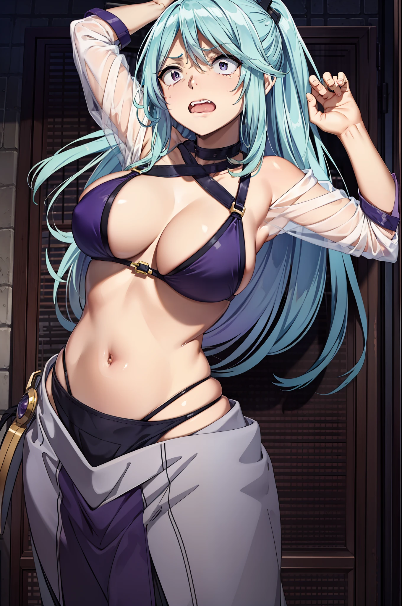 scared expression,open mouth,clenched teeth,purple eyes,azure hair,tied up,bondage,bikini