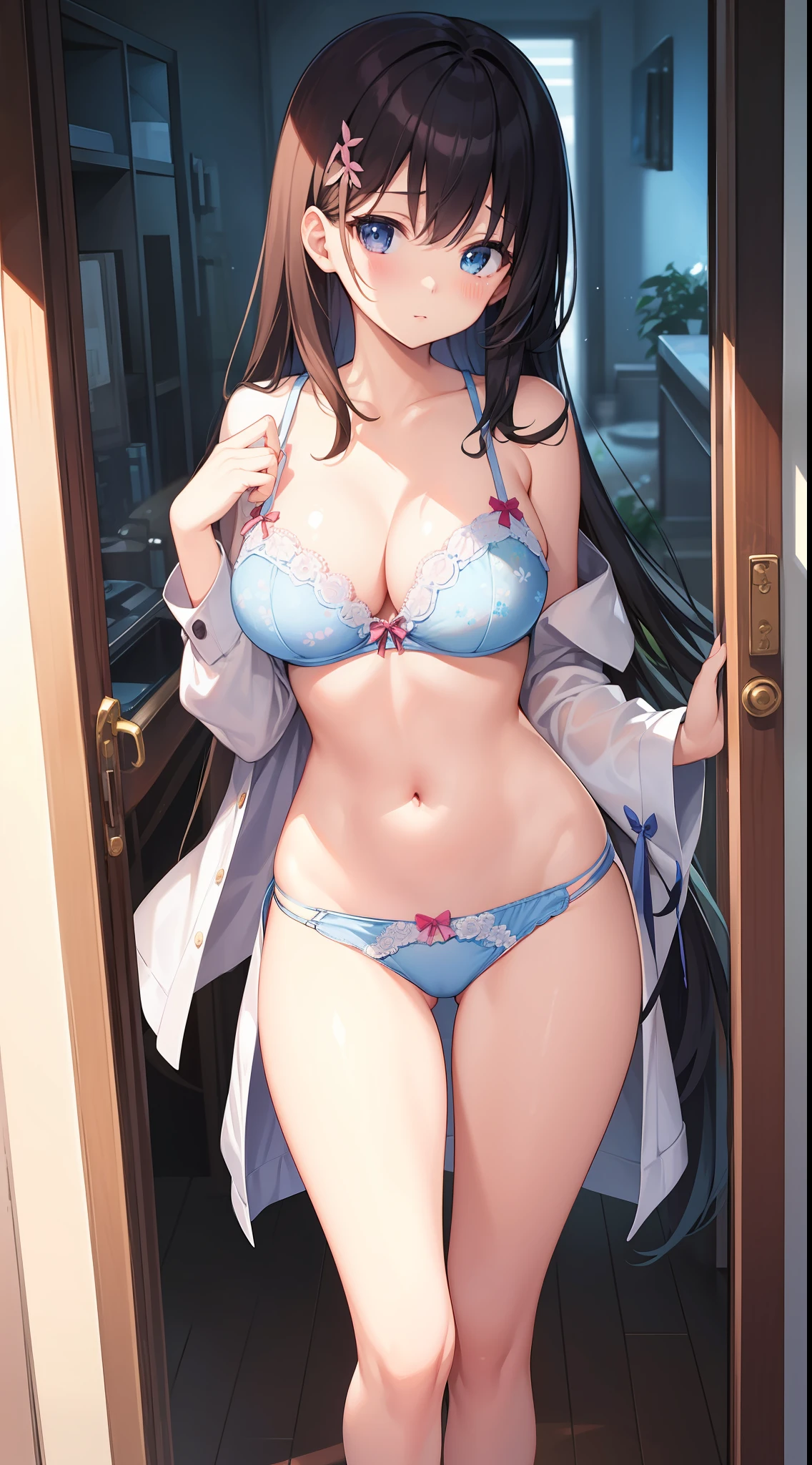 masutepiece、hight resolution、1girl in、Cute anime illustration、in one's underwear only、Floral Lingerie、Glossy look、large full breasts、
