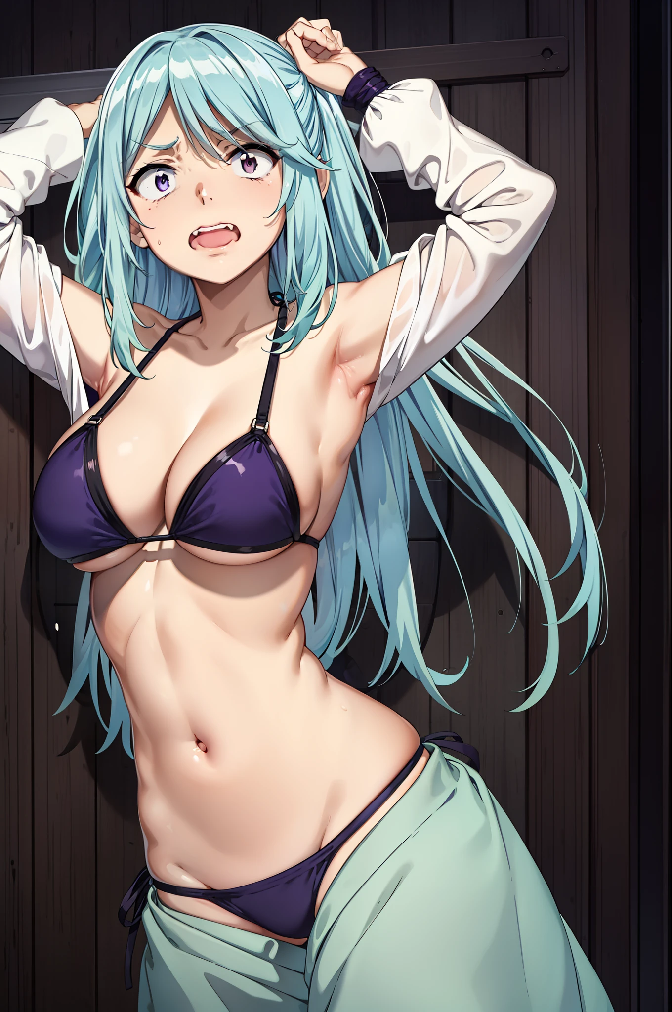 scared expression,open mouth,clenched teeth,purple eyes,azure hair,tied up,bondage,bikini