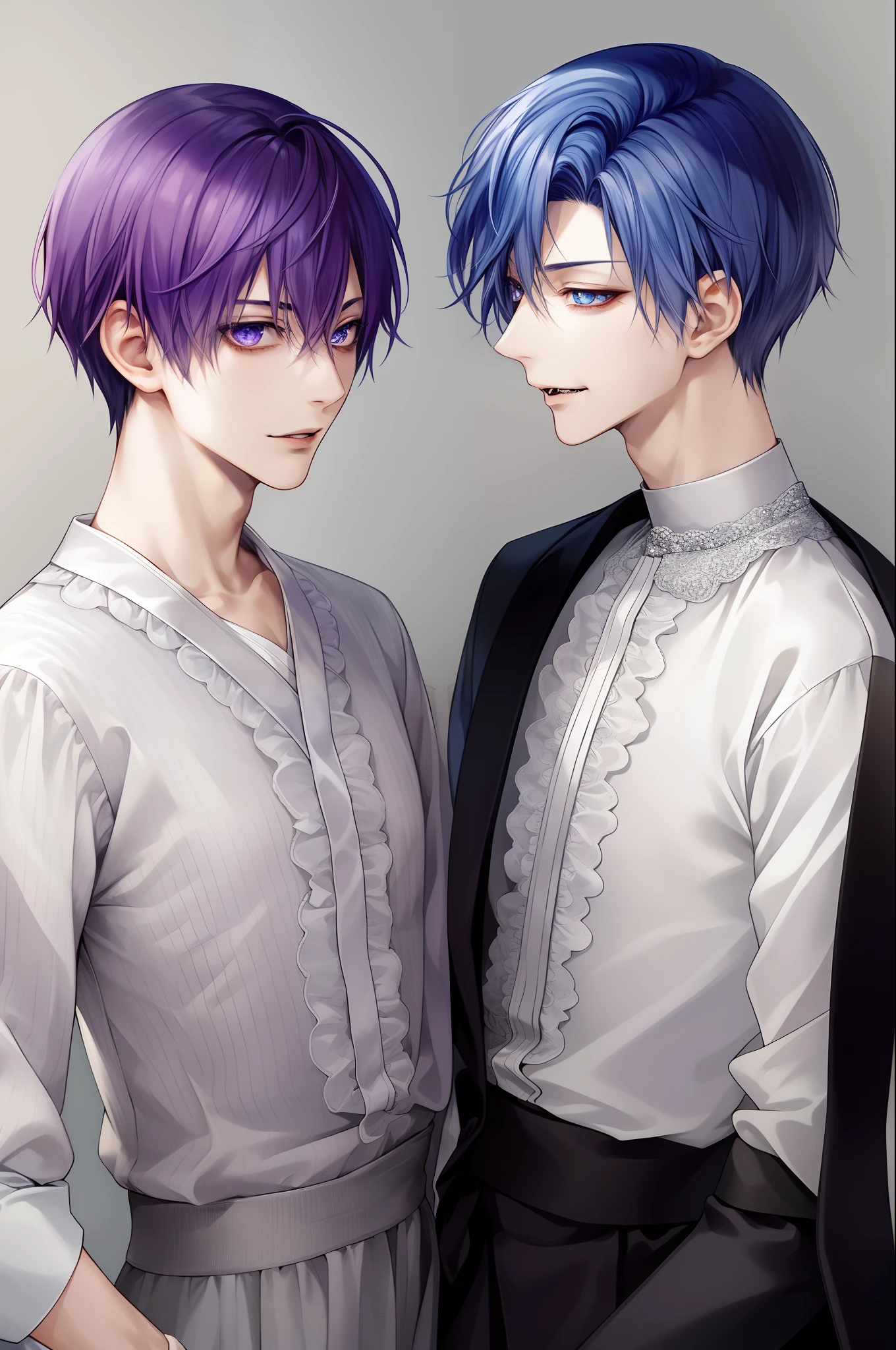 ​masterpiece, top-quality, 2Others, Male couple, 1 man and 1,, Adults, Height difference, different fashion, different color, finely eye and detailed face, intricate detailes, Casual clothing, Oversized shirt, Modern urban streets, A smile, Happiness, tenderness, queers, high-level image quality、 Two beautiful men、tall、The upper part of the body、nightfall、nighttime scene、𝓡𝓸𝓶𝓪𝓷𝓽𝓲𝓬、Korean Male, Idol Photos, k pop, Professional Photos, Vampires, Korean fashion in black and white, Fedoman with necklace, inspired by Sim Sa-jeong, androgynous vampire, :9 detailed face: 8, extra detailed face, detailed punk hair, ((eyes are brown)) baggy eyes, Seductive. Highly detailed, semi realistic anime, Vampires, hyperrealistic teen, delicate androgynous prince, imvu, short hair above the ears, Man with short hair, Purple-haired man with a glaring expression and a man with light blue hair with a gentle expression, With a short-haired man with bright purple hair, Man with light blue hair
