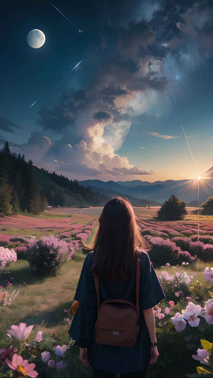 Expansive landscape photography,(a bottom view showing the sky above and open country below),a girl standing in a field of flowers looking up,(moon full:1.4),(meteors:0.9),(Starcloud:1.3),mountain in the distance,tree-breaking production art,(Warm light source:1.2),(glowworm:1.2),lamp lights,Lots of purple and orange,Complicated details,Volumetriclighting,BREAK realism(tmasterpiece: 1.2) , (best qualtiy), 4K, ultra - detailed, (Dynamic synthesis: 1.4), highly detailed, Colorful detailed, (Irridescent color: 1.2), (Bright lighting, Atmospheric lighting), dream magical, magic, (独奏: 1.2)