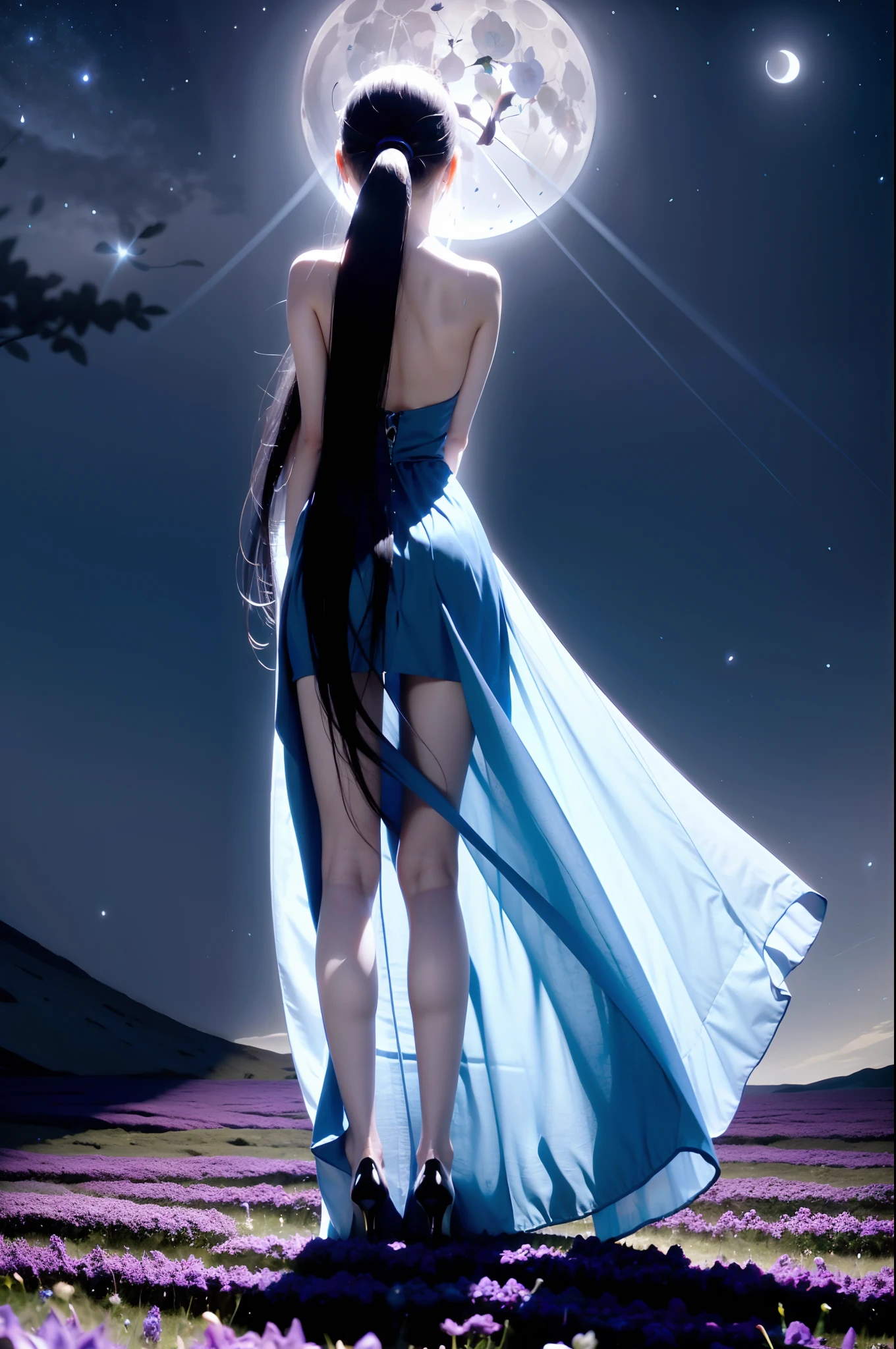 In the dark,Long-haired beauty in towering violet grass,on back,Wearing a dark blue chiffon dress,Long hair is blown up by the wind,Place one hand behind your ear,Under the moonlit starry sky,extreme light,Outstanding light and shadow,in wonderland。Very realistic,Realisticstyle,Dark purple tones,flower sea,Glowing butterflies