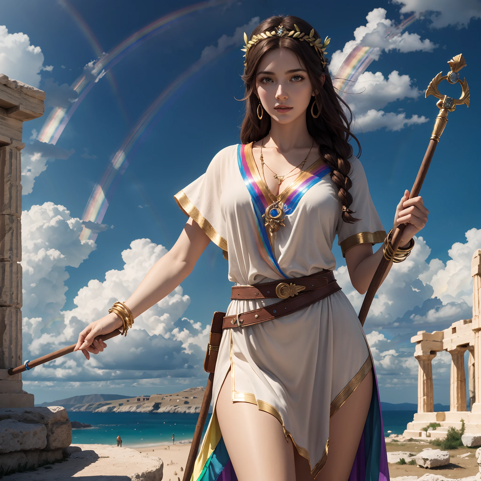 greek goddess of messenger and rainbow, with brown hair, wears greek tunic, holding a messenger staff, caduceus, (((rainbow))), blue sky, Greek Mythology, swift and bright atmosphere, description of ultrra-accurate hands, photorealistic, super detail, masterpiece, best quality, highres, 8k