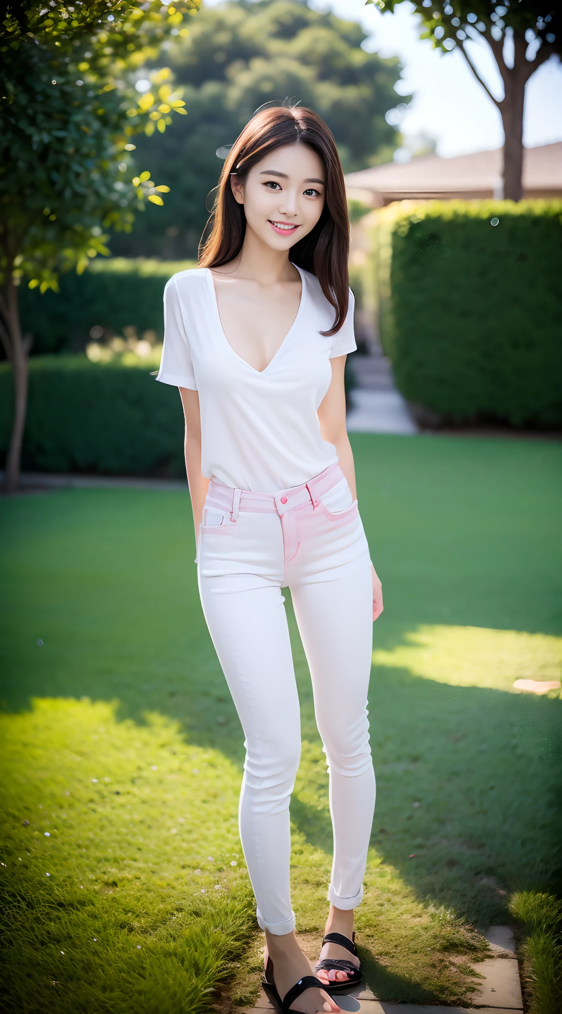 ((Best quality, 8K HD, Masterpiece: 1.3)),  (Wet clothes: 1.1), (rain, grassy fields: 1.3), 1 beautiful woman taking pictures on the grass，RAW photos，tmasterpiece，（highdetailskin：1.2），8k ultra high definition，digital SLR camera，gentlesoftlighting，high high quality，filmgrain，富士XT3，20 years old Asian woman，Wear simple clothes，T-shirt and skinny jeans，Detailed clothing details:1.3，perfect body figure，Perfect breasts and nipple bulge，The legs are straight and slender，Branded stylish shoes:0.6，Super detailed facial details and skin，Fair pink face and skin，The skin is pink，with light glowing，二重まぶた，Super detailed eyes，(Gloss on lips, eyeslashes, Glossy face, Best quality, Super high resolution, warm color，Wide lighting, naturalshadow), Coquettish and sexy, Full body shooting: 1.8