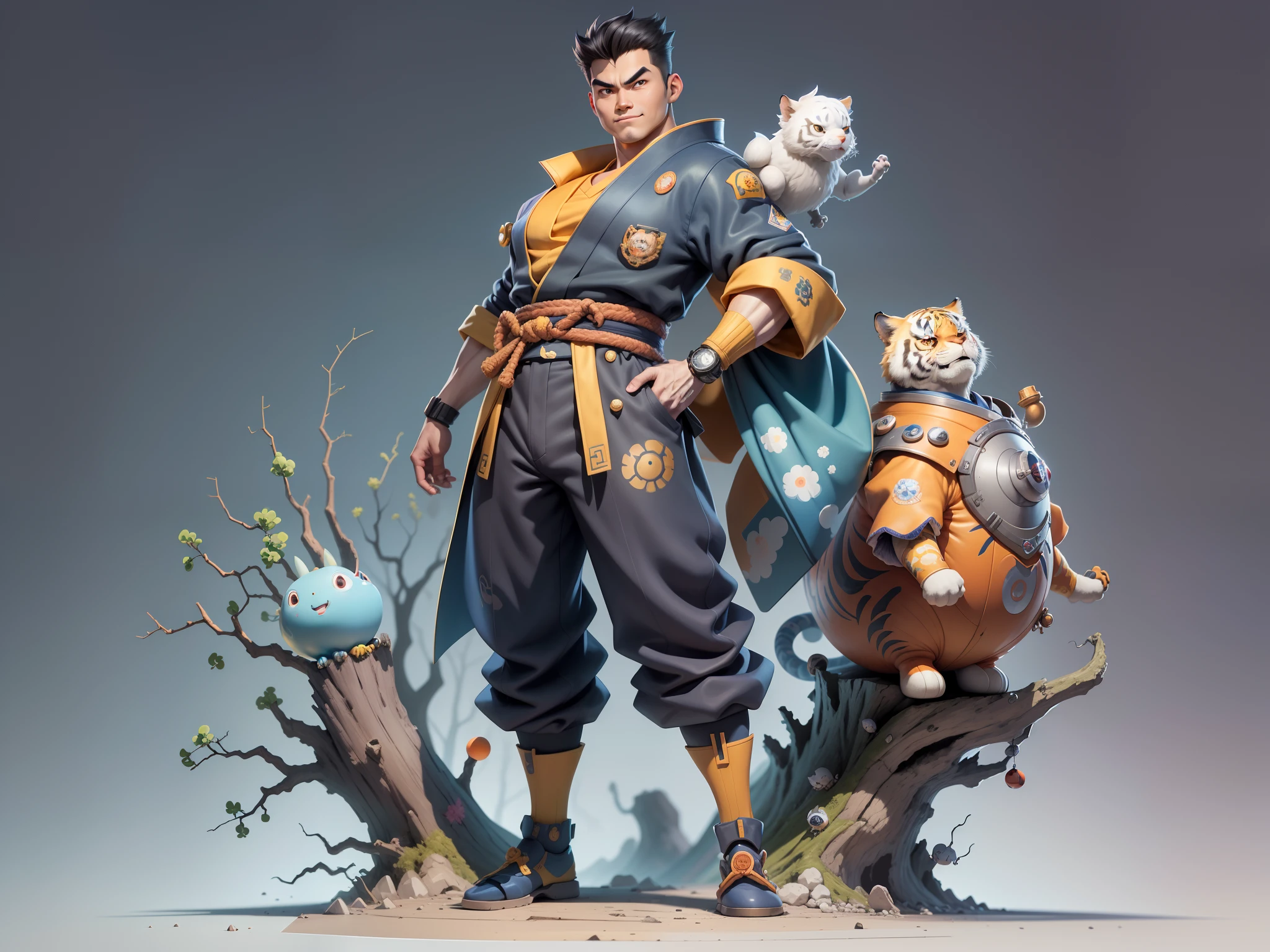 (Masterpiece), (Excellent), (Super Meticulous), (Full Body: 1.2), Super Young Man, Oriental Face, Japanese Kimono, Japanese Wind Thunder God, Dragon, Tiger, TV Anchor, Bust Portrait Illustration, Alone, Black Suit, Blue Tie, Slightly Chubby Face, Very Clean Face, No Beard, Black Super Short Hair, Black Eyes, Confident Smile, 3c Computer Sub-Products, iPad, iPhone, Digital Painting, 3D Character Design by Akira Toriyama and Mark Claireden and Pixar and Hayao Miyazaki, The illustration is a high-definition illustration in 4K resolution with very detailed facial features and cartoon-style visuals.