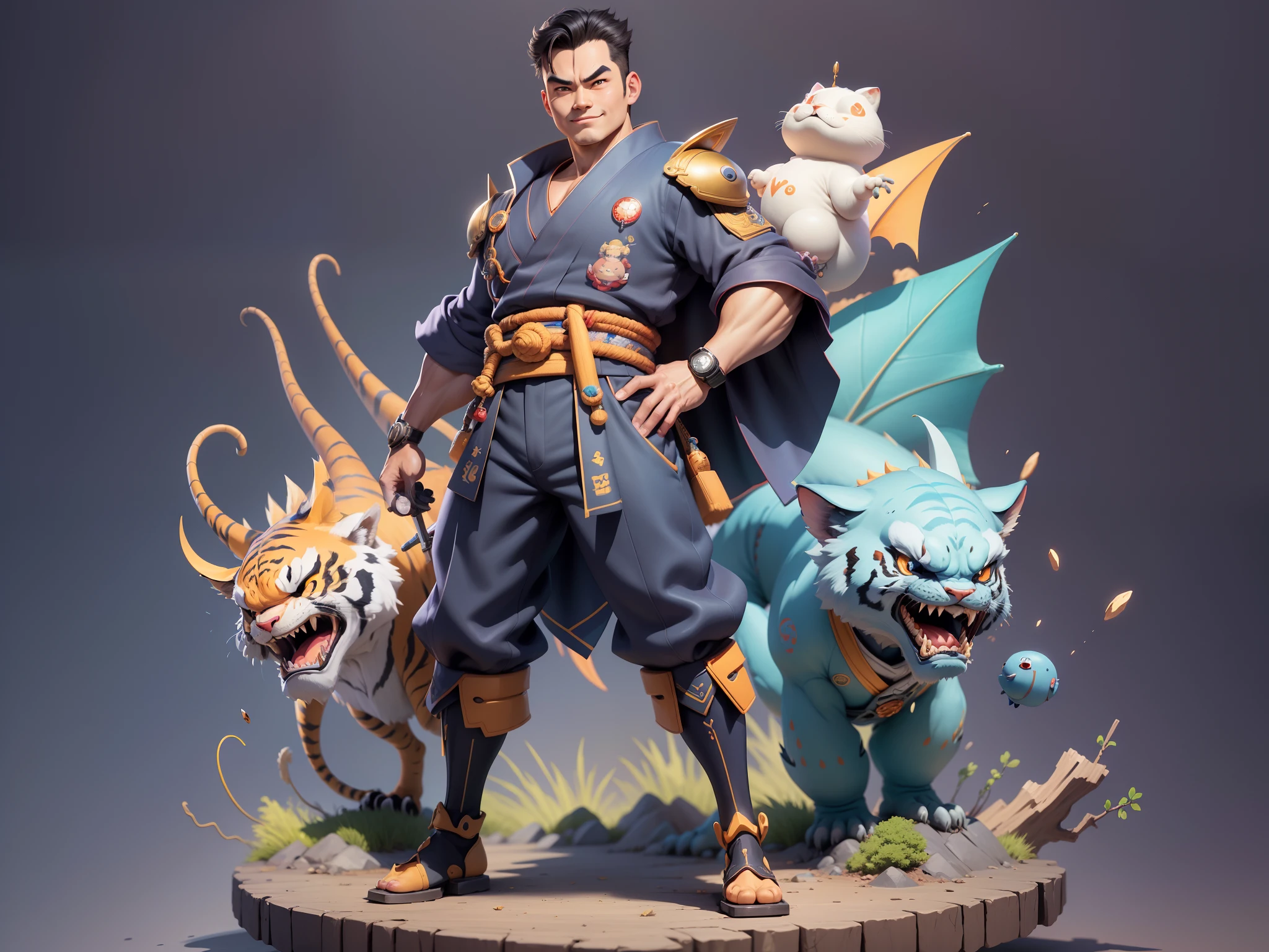 (Masterpiece), (Excellent), (Super Meticulous), (Full Body: 1.2), Super Young Man, Oriental Face, Japanese Kimono, Japanese Wind Thunder God, Dragon, Tiger, TV Anchor, Bust Portrait Illustration, Alone, Black Suit, Blue Tie, Slightly Chubby Face, Very Clean Face, No Beard, Black Super Short Hair, Black Eyes, Confident Smile, 3c Computer Sub-Products, iPad, iPhone, Digital Painting, 3D Character Design by Akira Toriyama and Mark Claireden and Pixar and Hayao Miyazaki, The illustration is a high-definition illustration in 4K resolution with very detailed facial features and cartoon-style visuals.